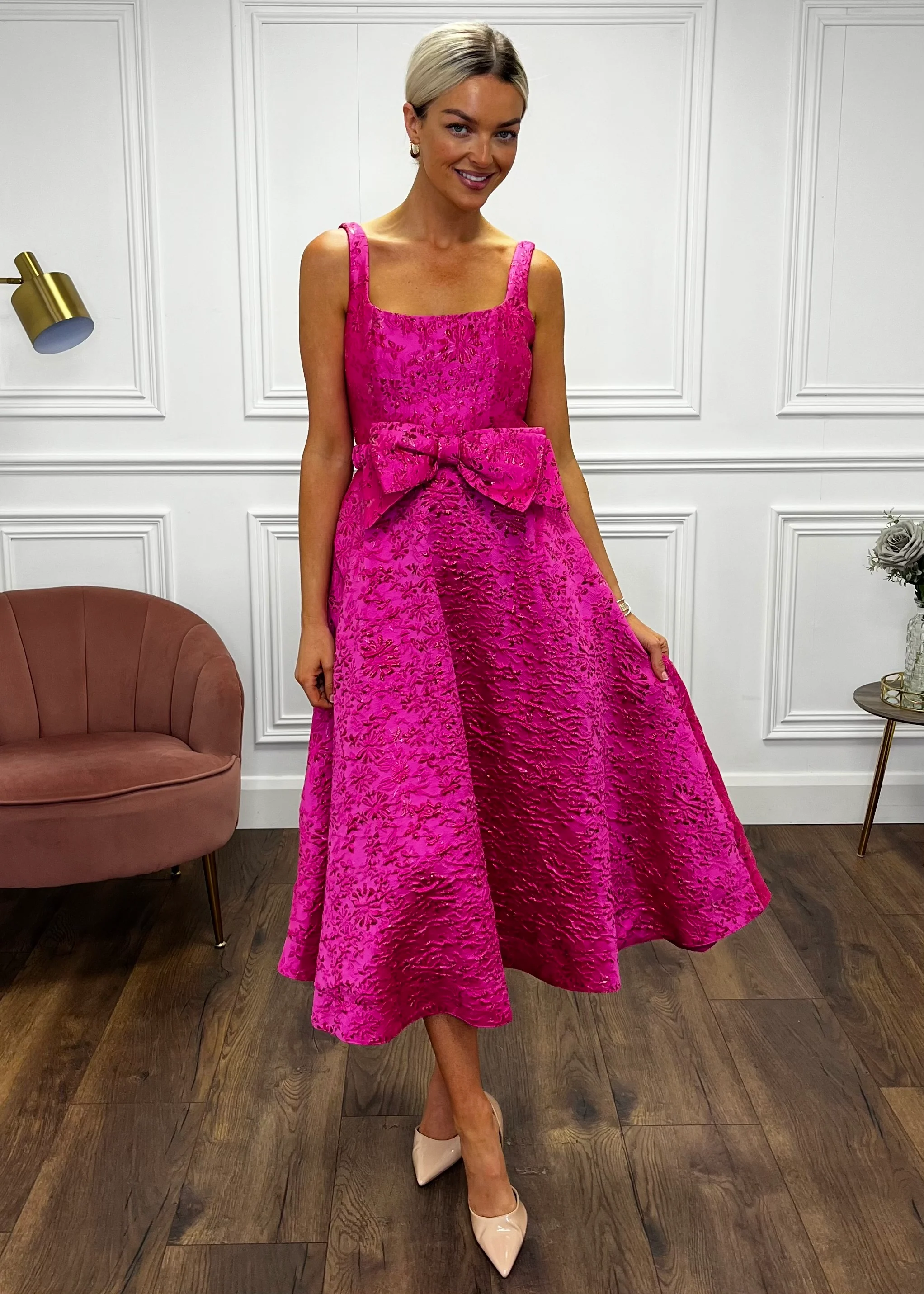 “Aria” Dress In Pink Jaquard Print - Image 2