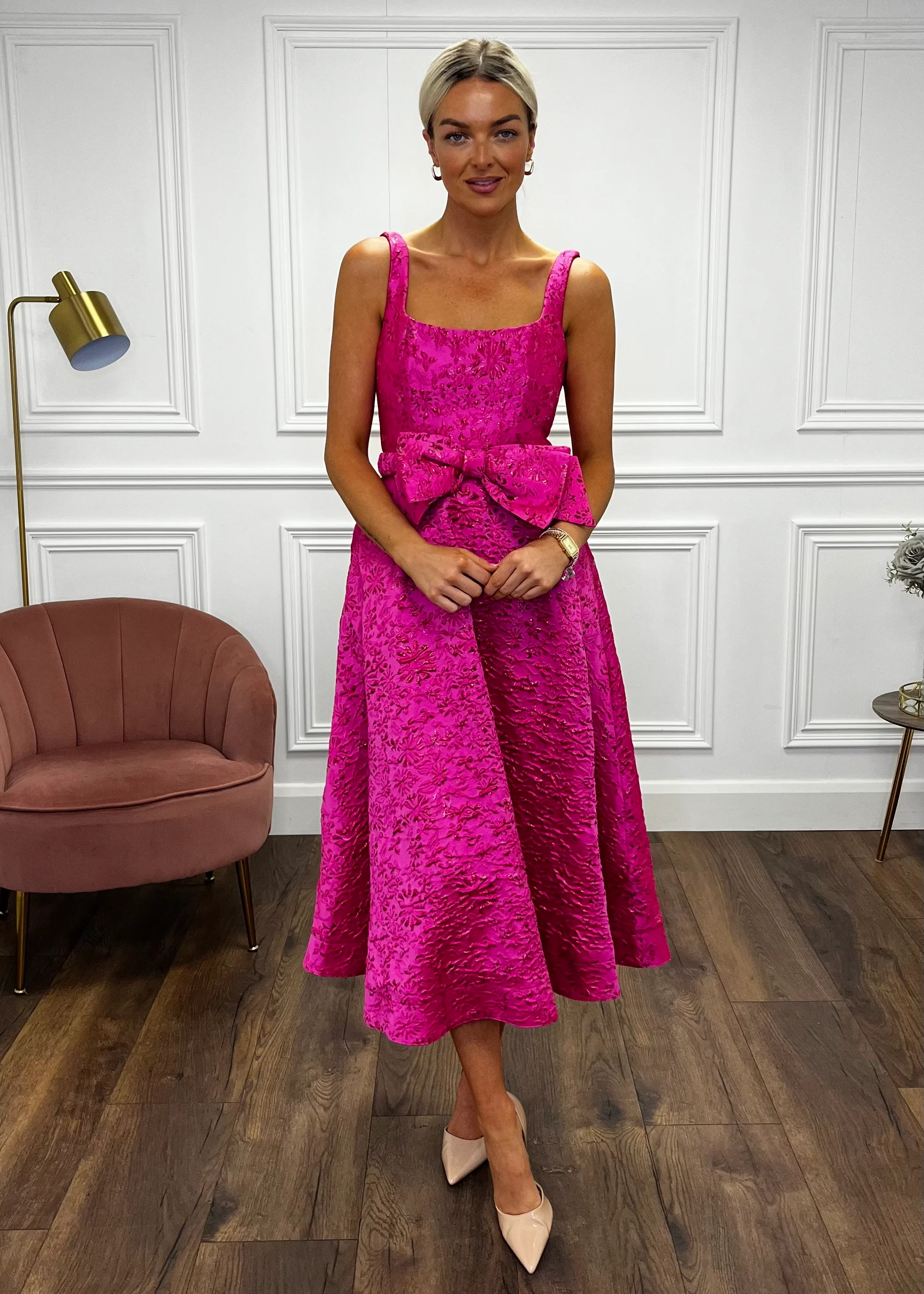 “Aria” Dress In Pink Jaquard Print - Image 5