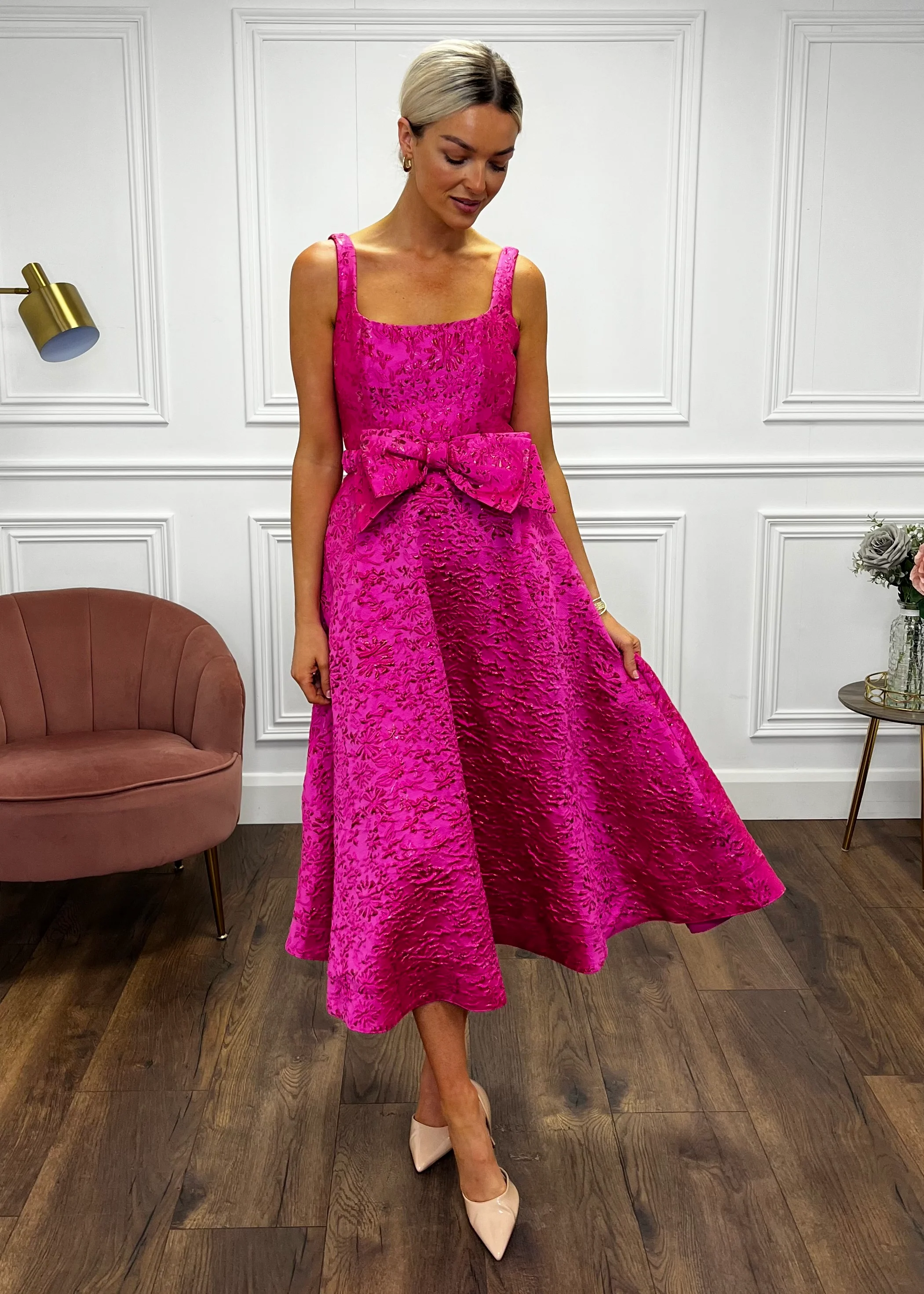 “Aria” Dress In Pink Jaquard Print - Image 6