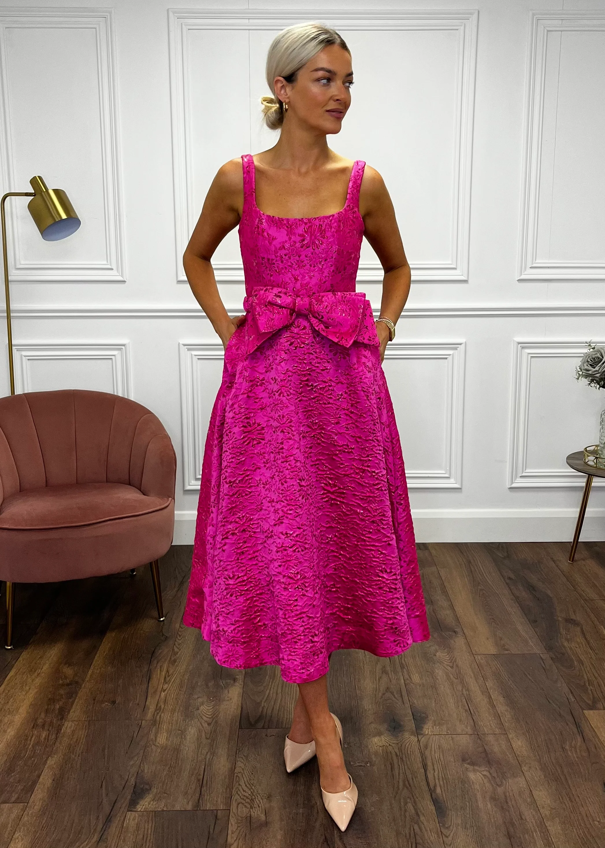 “Aria” Dress In Pink Jaquard Print - Image 7