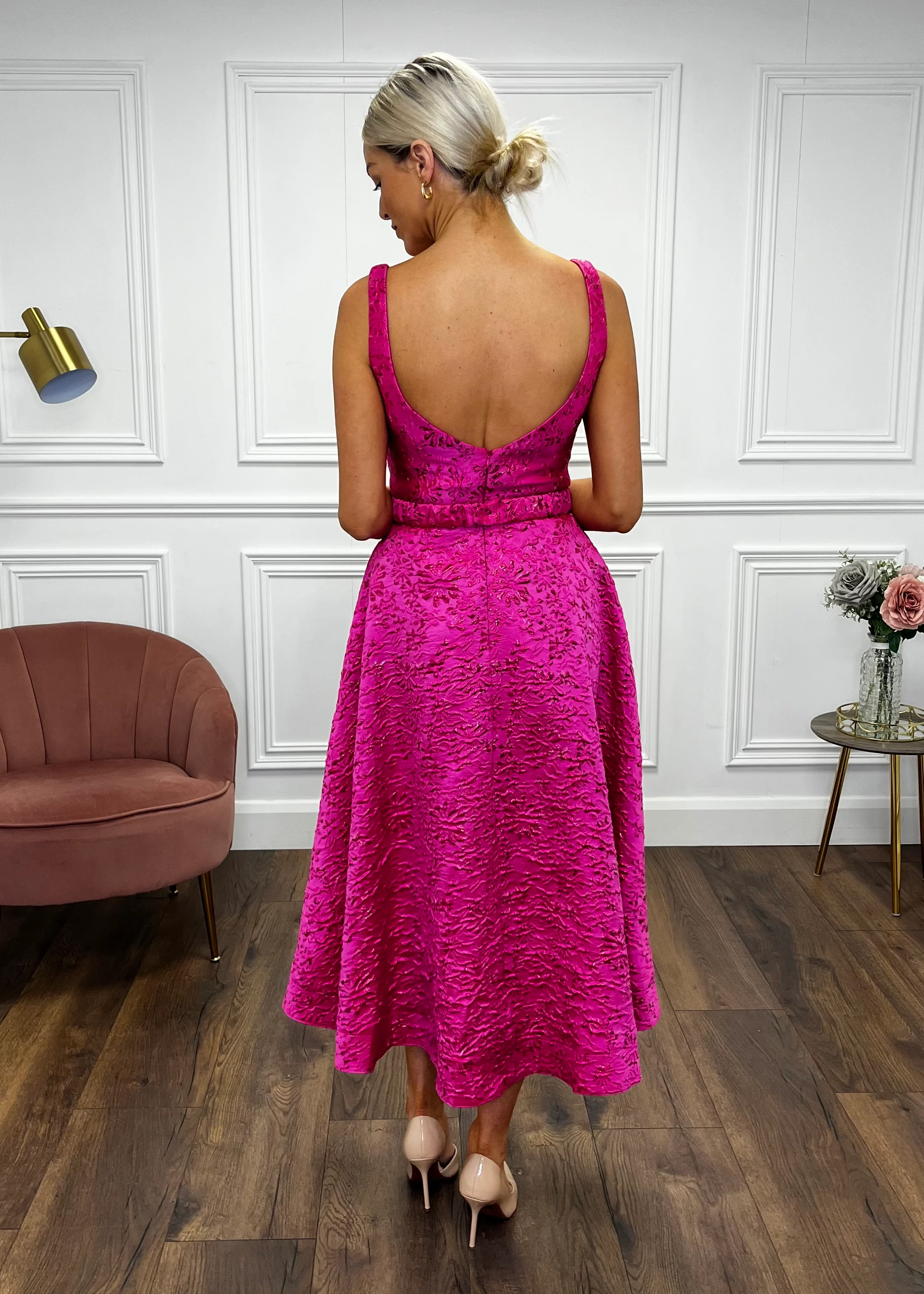 “Aria” Dress In Pink Jaquard Print - Image 8