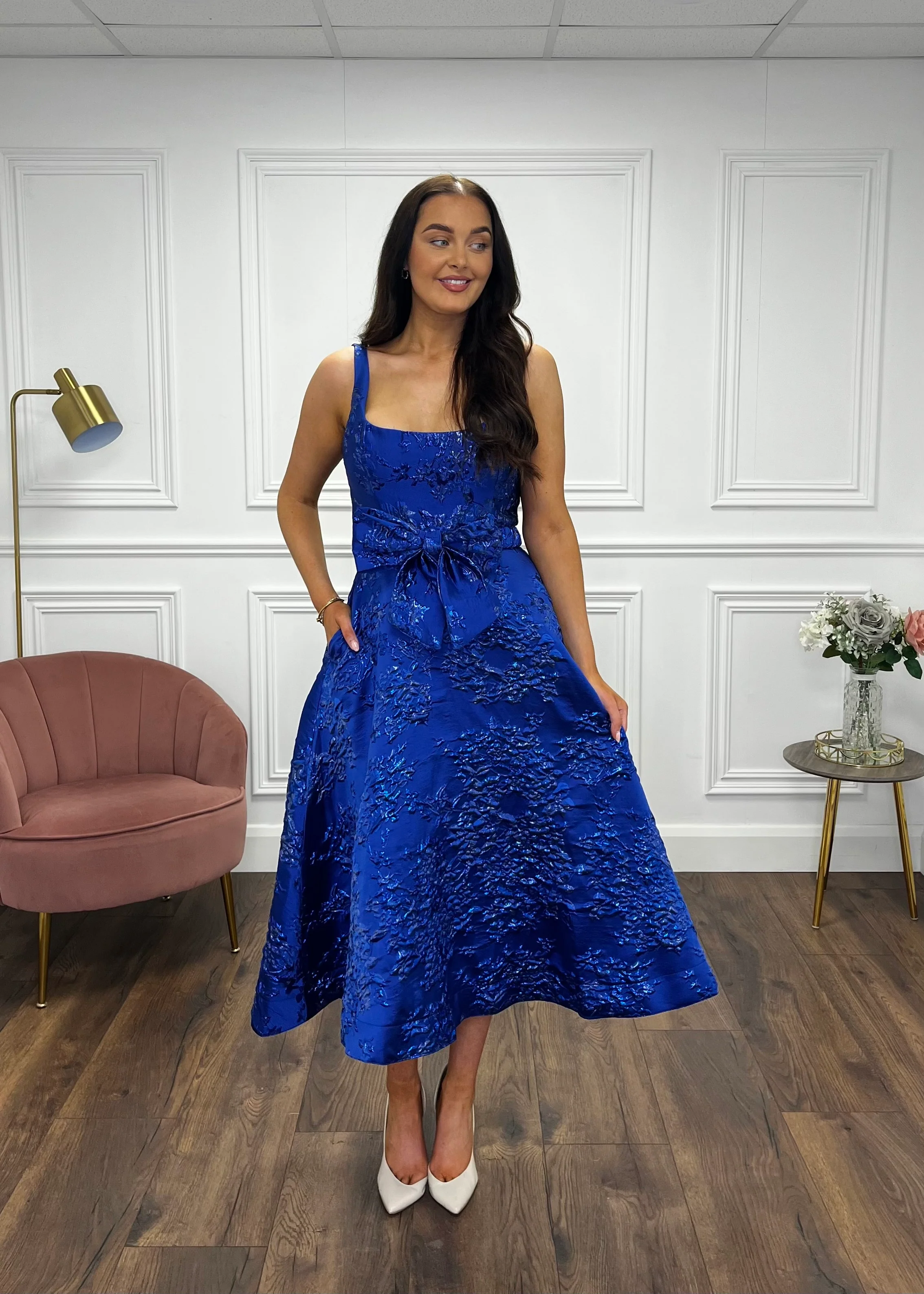 “Aria” Dress In Royal Blue Jaquard - Image 2
