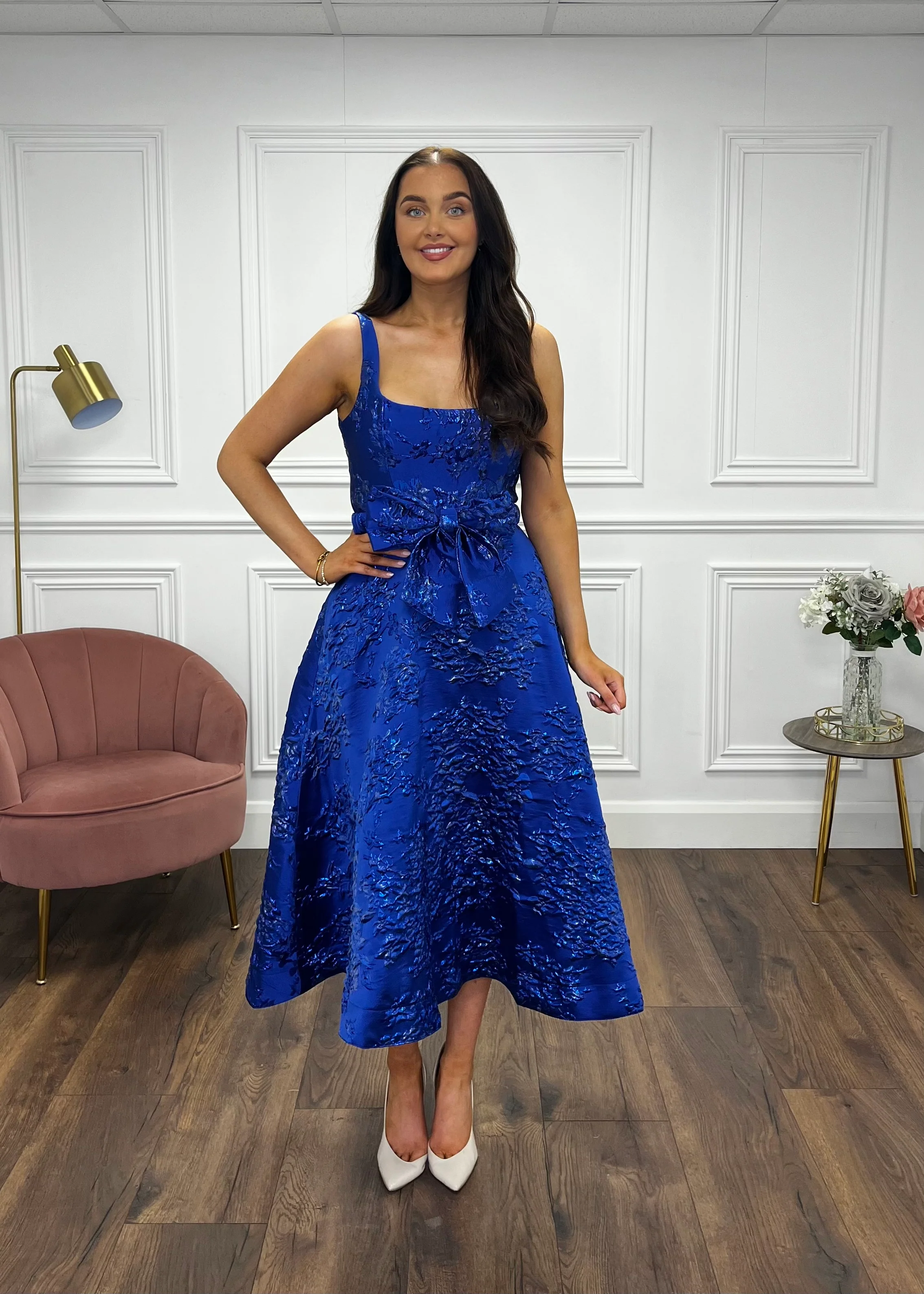 “Aria” Dress In Royal Blue Jaquard - Image 4