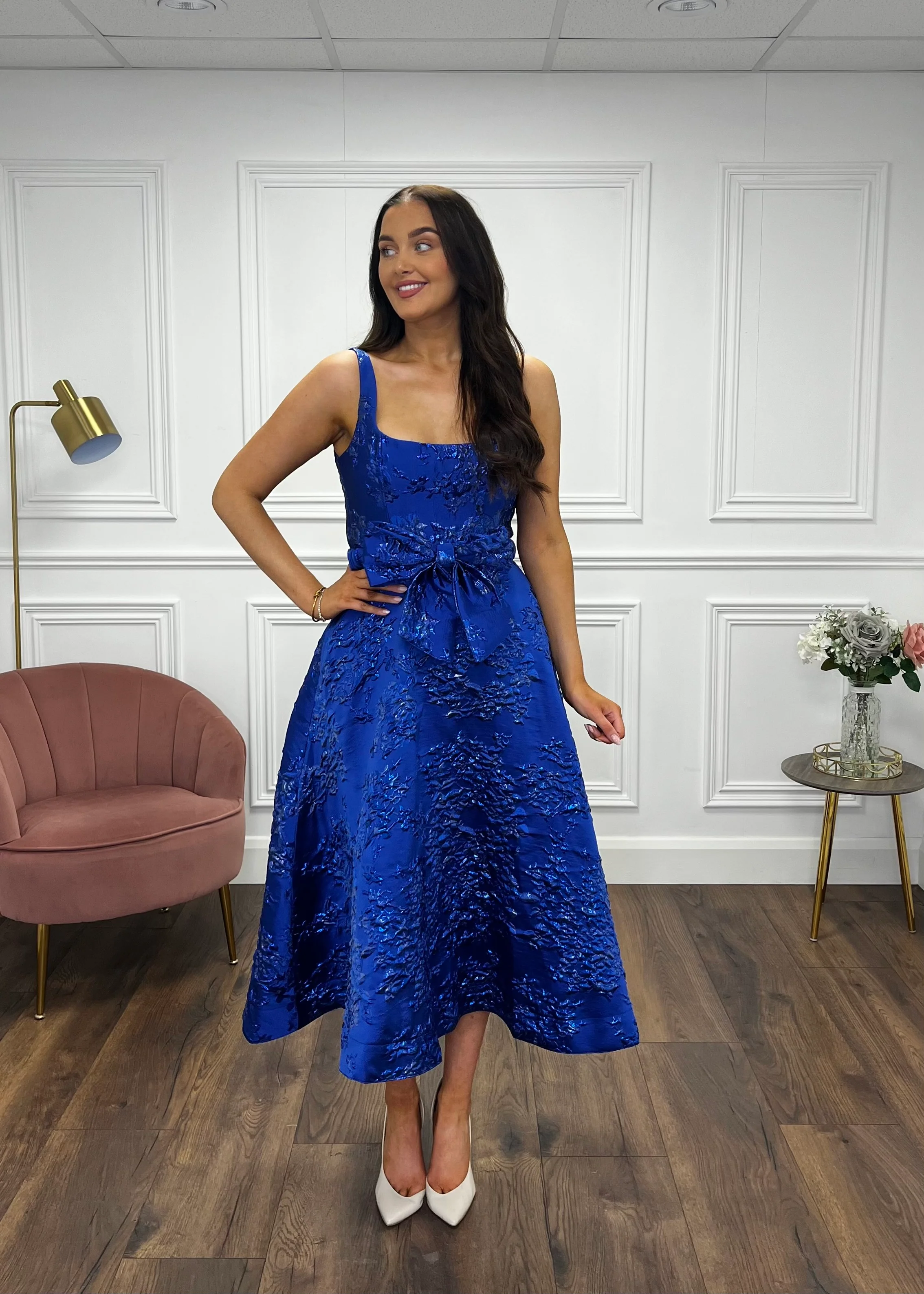 “Aria” Dress In Royal Blue Jaquard - Image 5