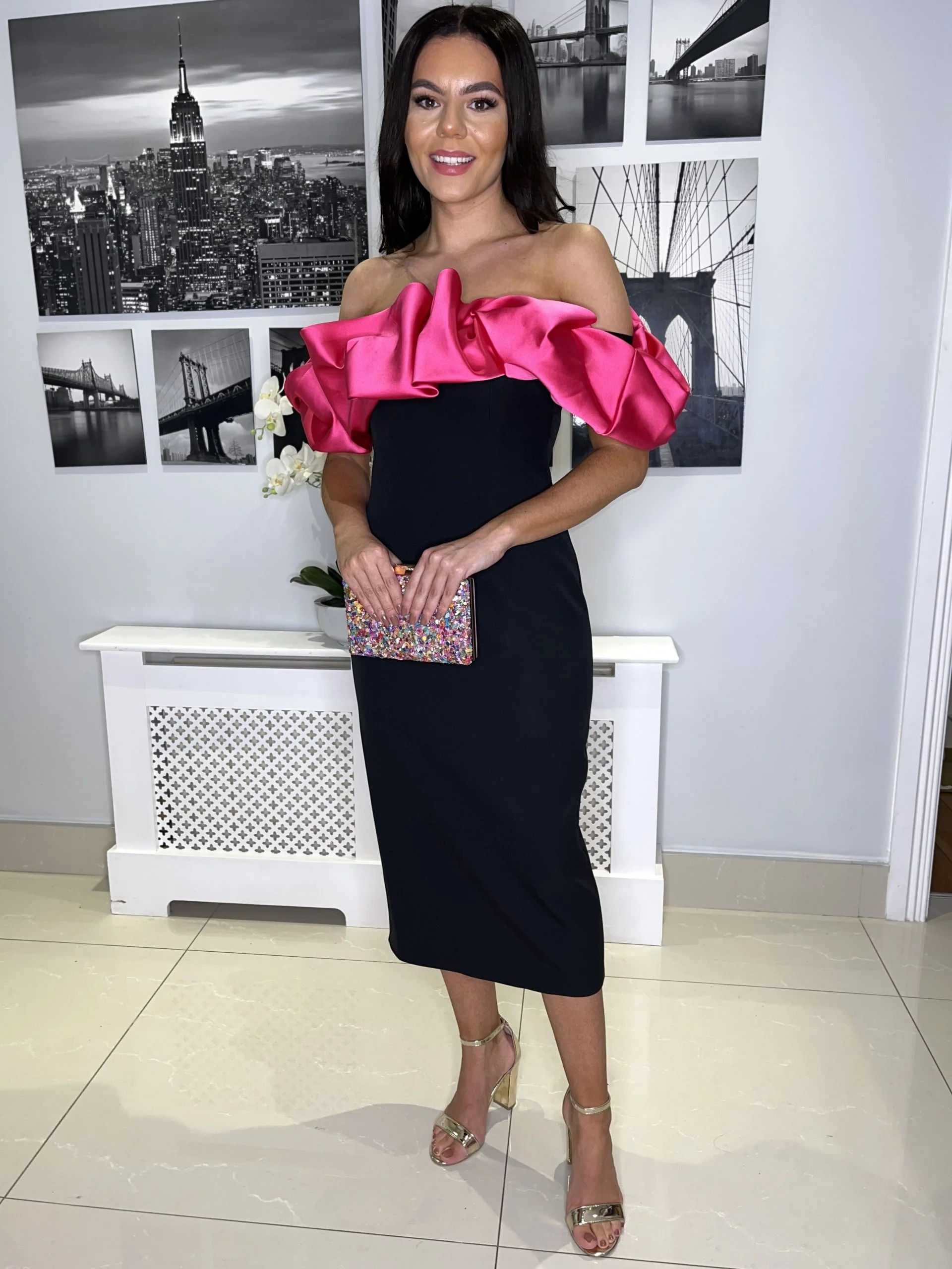 Black Fitted Midi Dress With Pink Ruffle Off The Shoulder Detail - Image 3