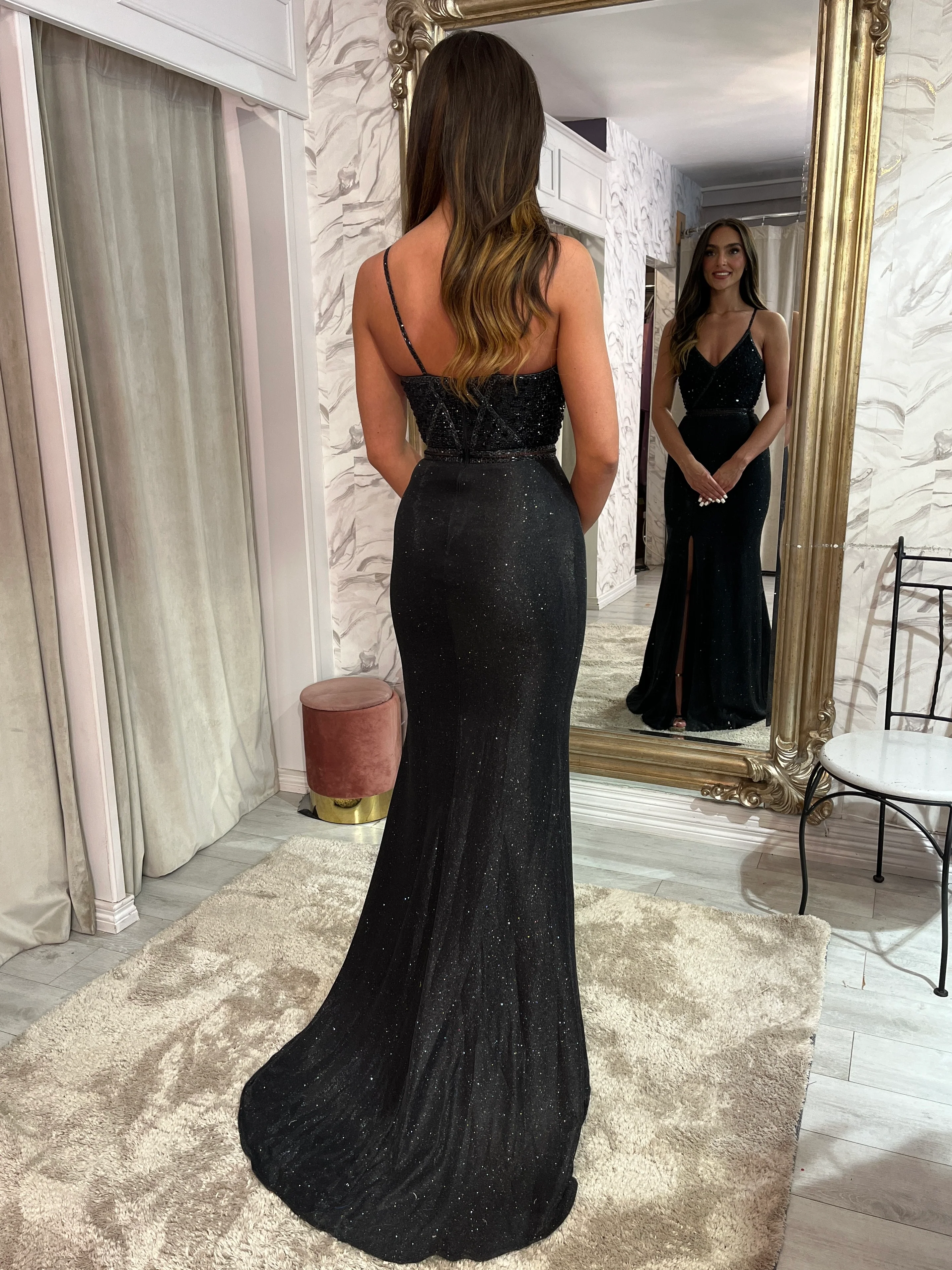 Black Shimmer Fabric Prom Dress With Spaghetti Straps - Image 4