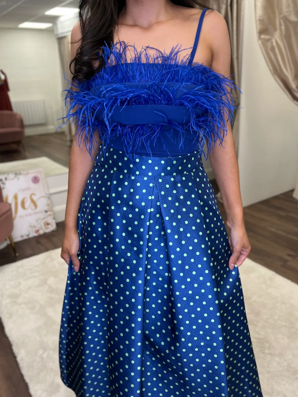 Blue Two Piece With Polka Dot Skirt And Feather Top - Image 2