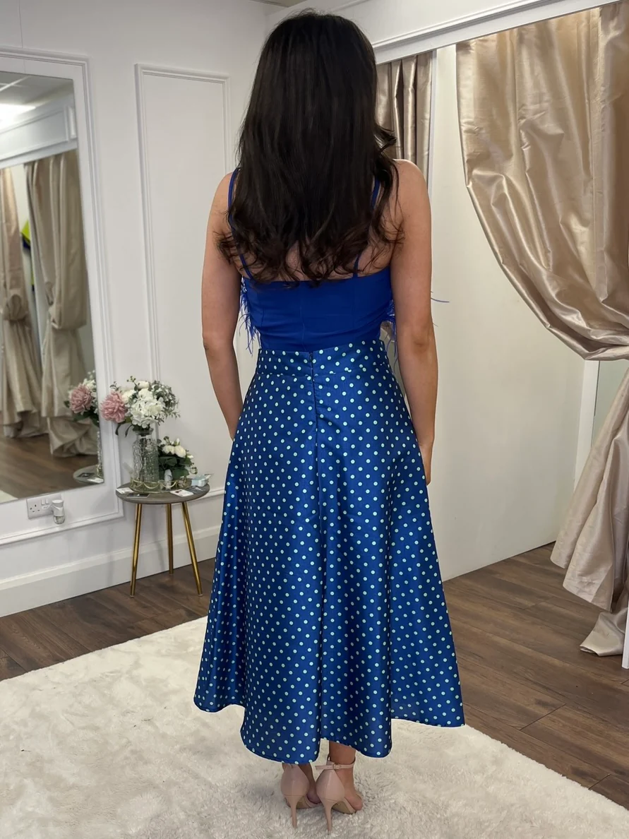 Blue Two Piece With Polka Dot Skirt And Feather Top - Image 3