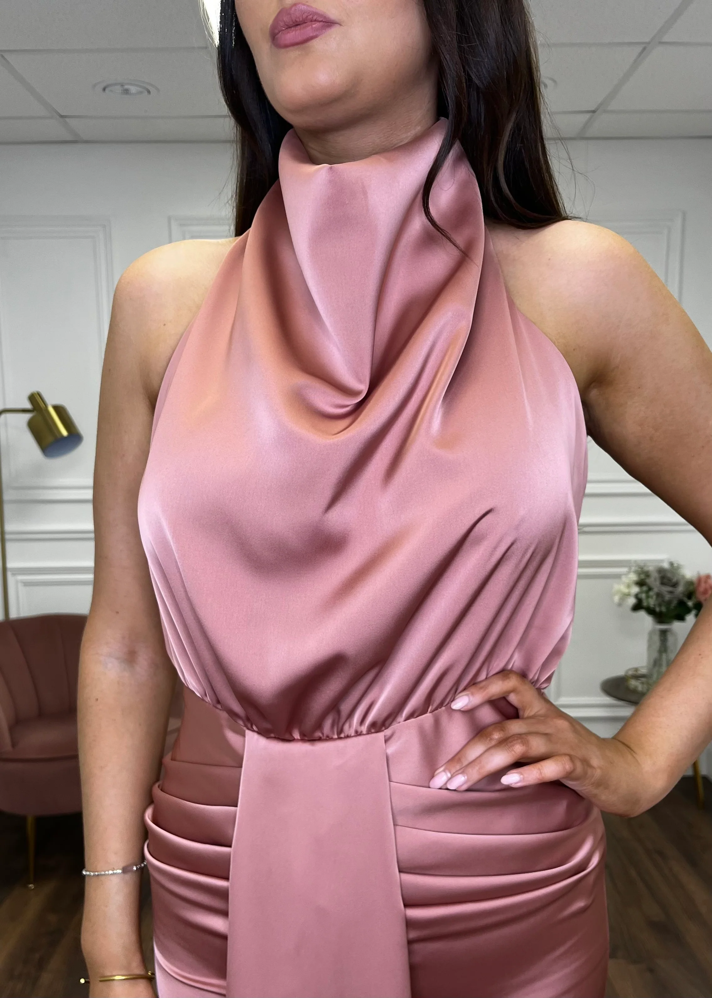 Blush Satin Halter Neck Dress With Open Back - Image 2