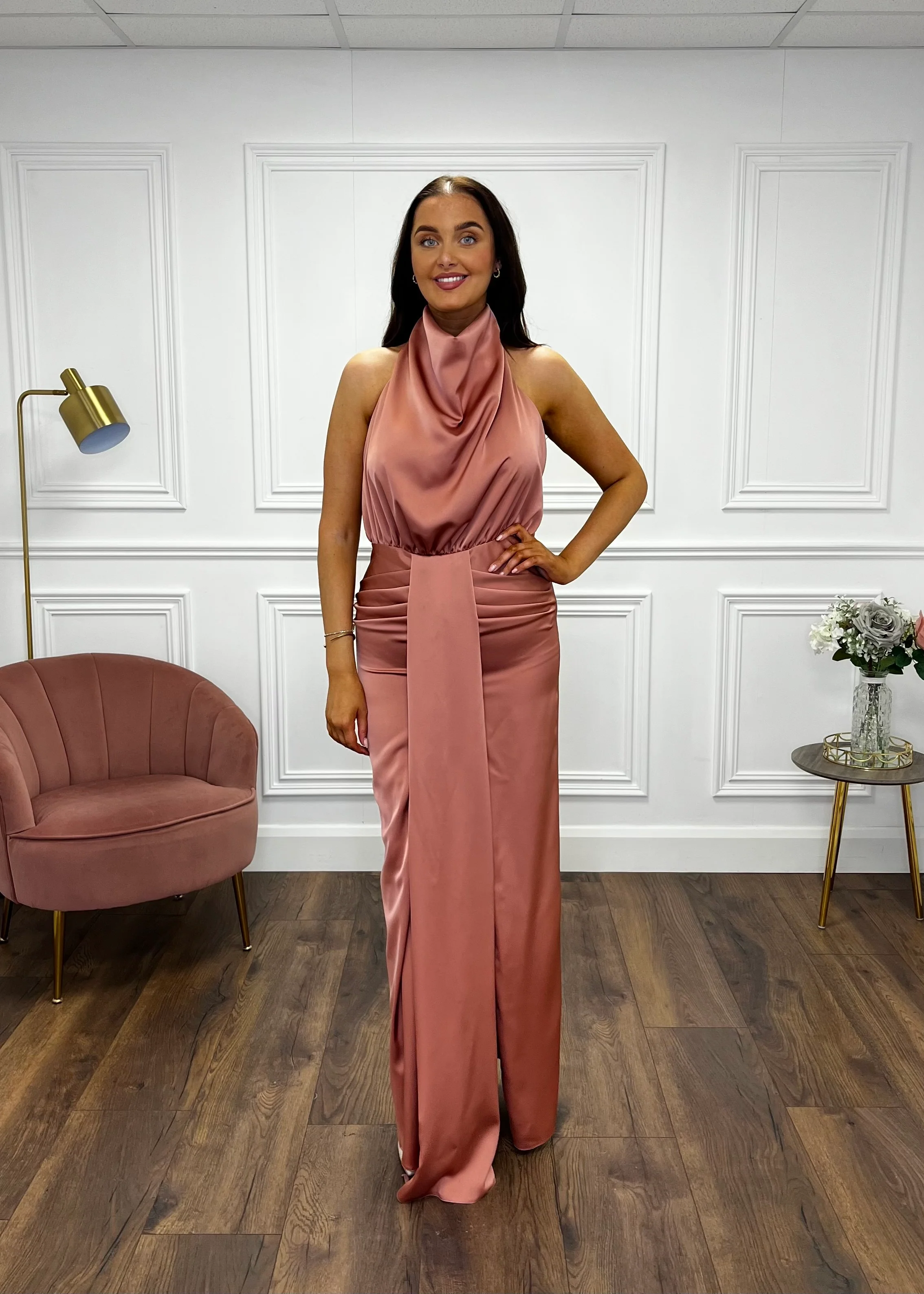 Blush Satin Halter Neck Dress With Open Back - Image 3