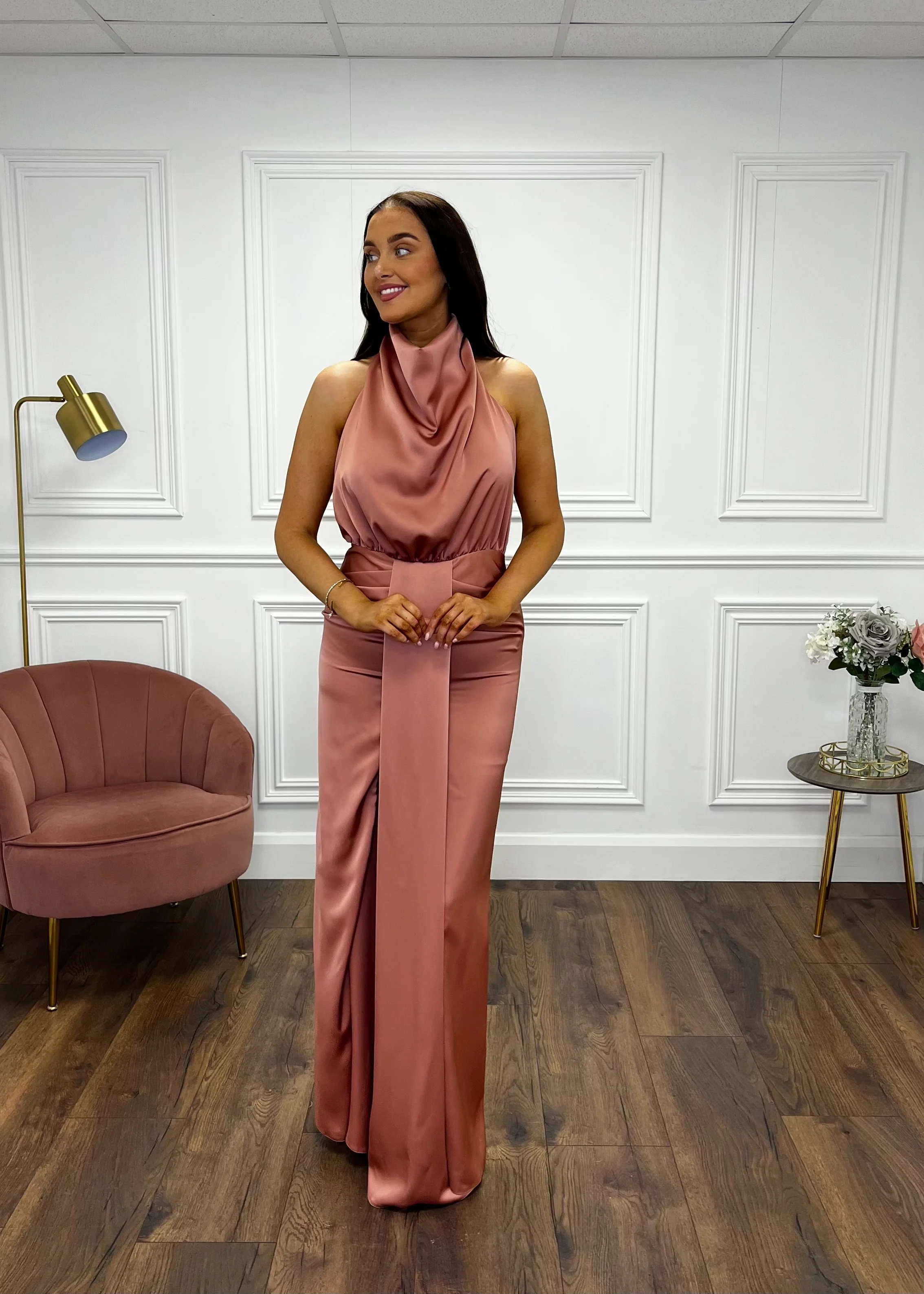 Blush Satin Halter Neck Dress With Open Back - Image 4