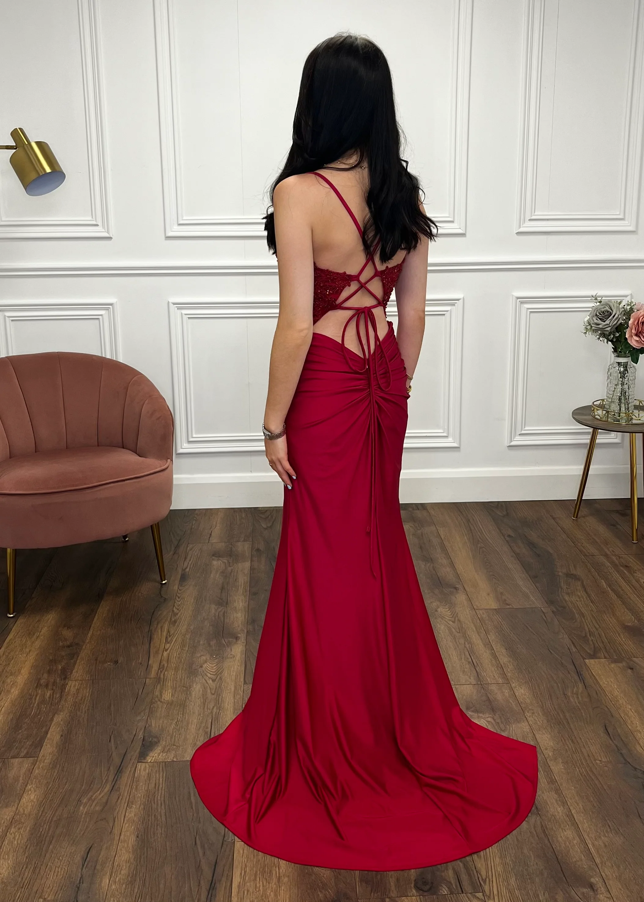 Burgundy Fitted Prom Dress With Lace Effect Corset Top - Image 2