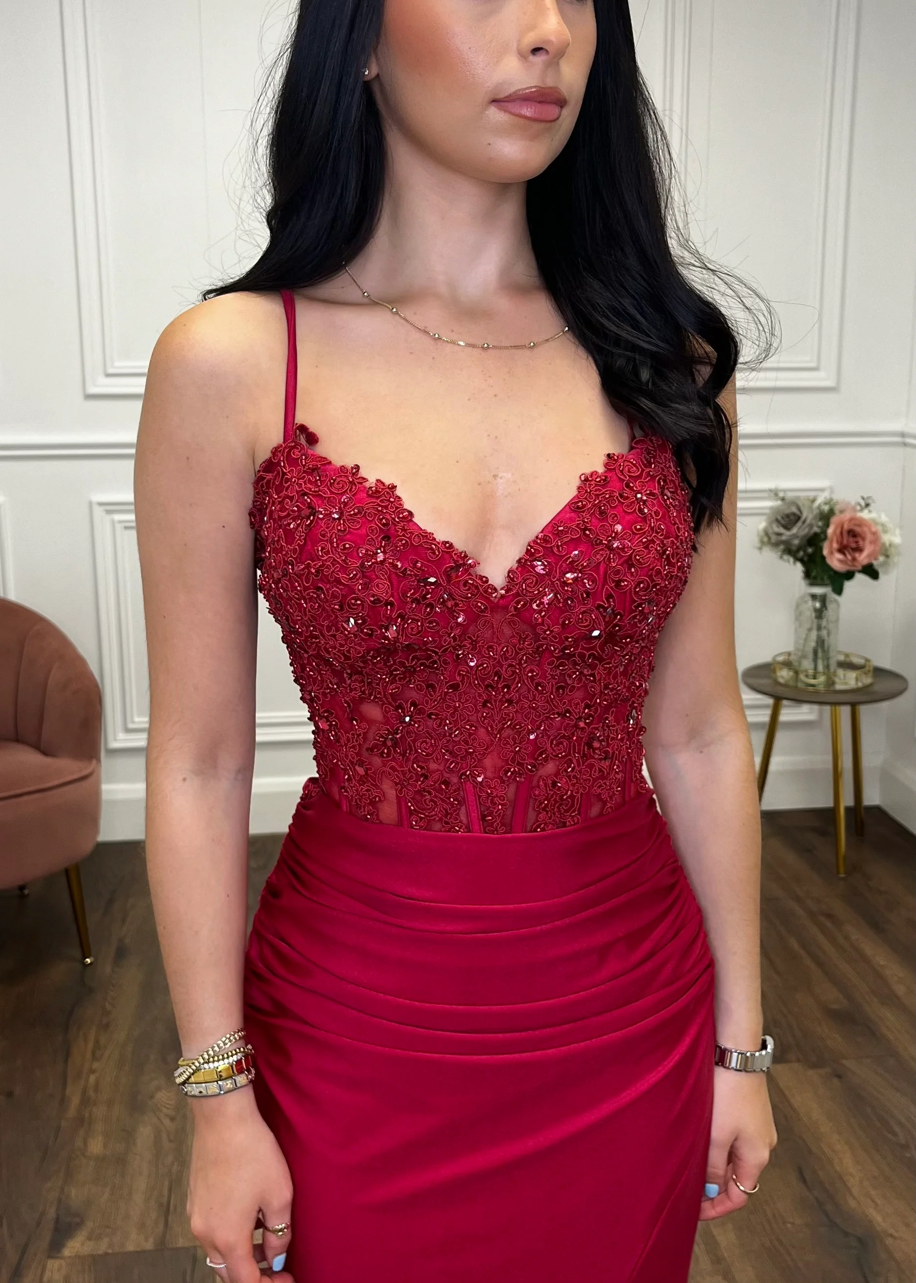 Burgundy Fitted Prom Dress With Lace Effect Corset Top - Image 3