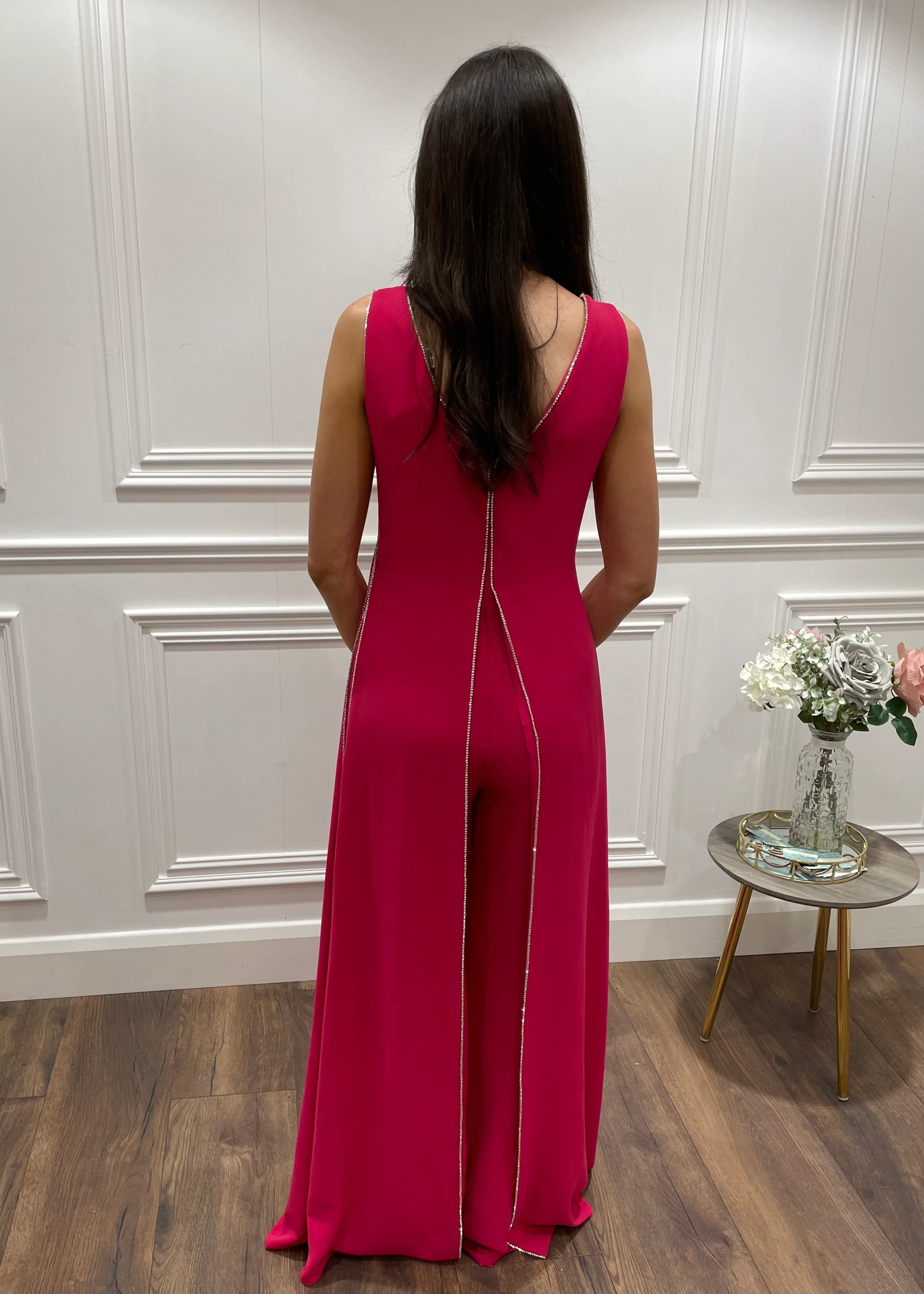 Cerise Pink Jumpsuit With Silver Diamonte Trim - Image 3