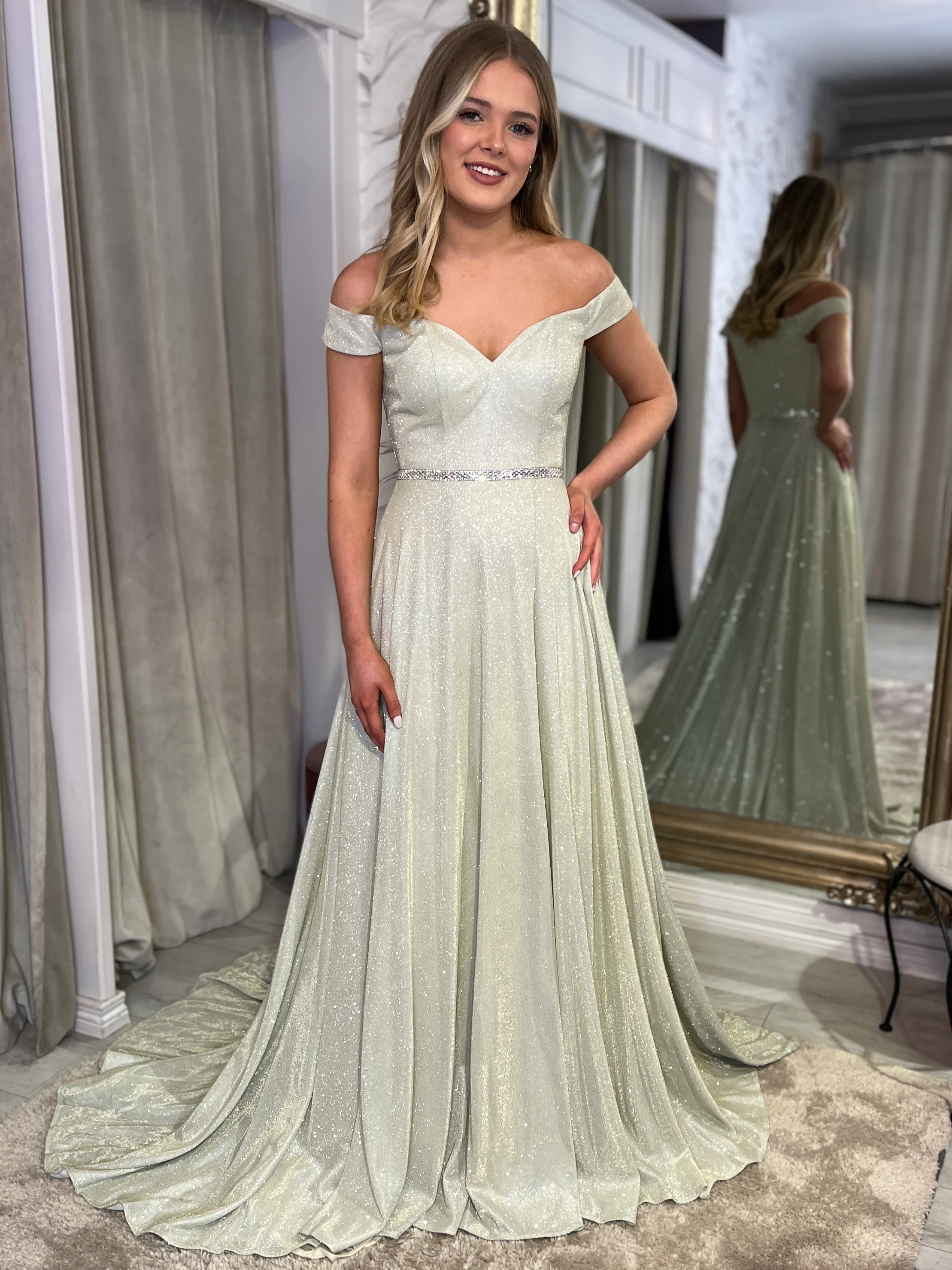 Champagne Shimmer Fabric Ballgown With Bardot Neckline - Image 3