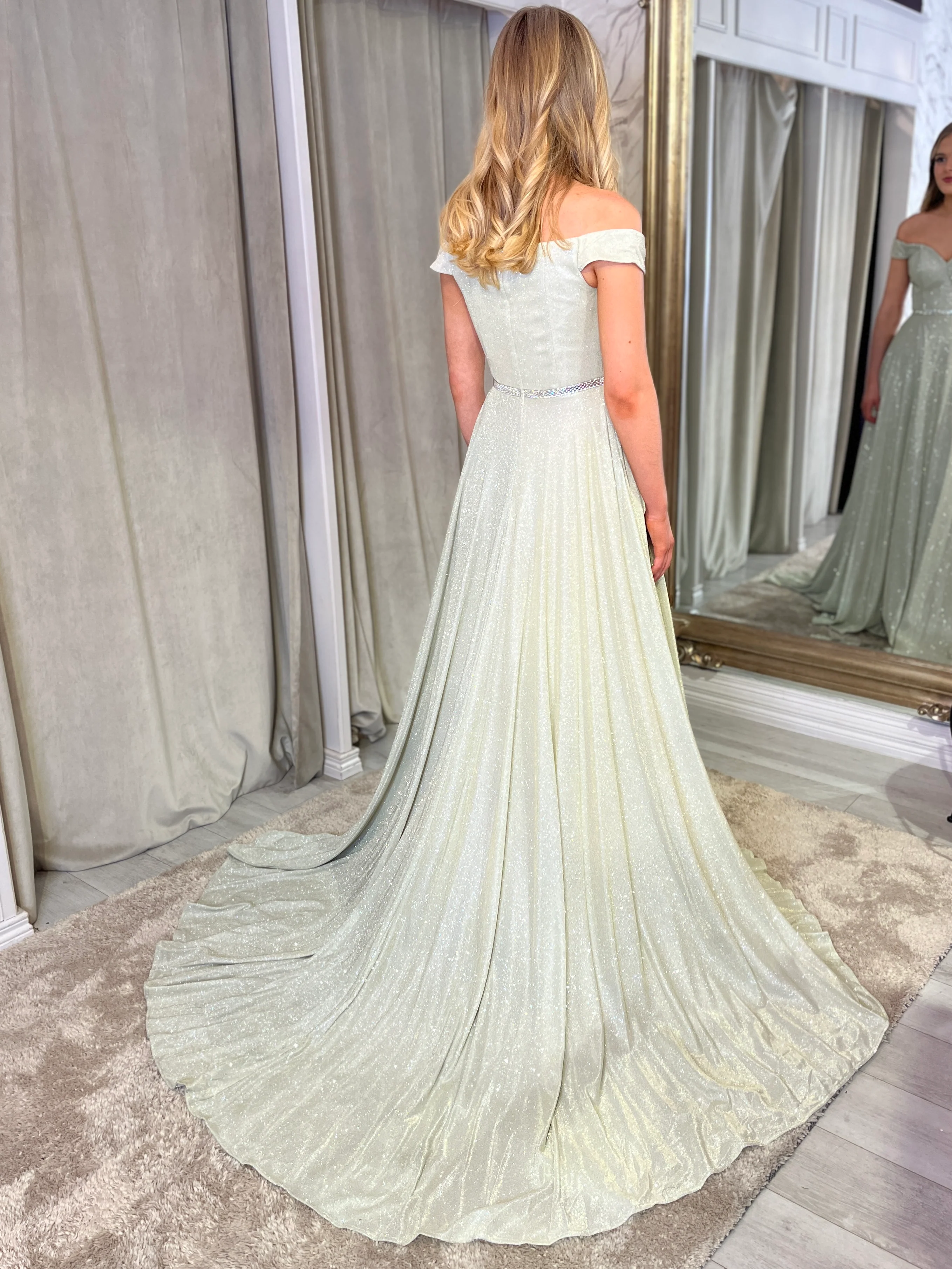 Champagne Shimmer Fabric Ballgown With Bardot Neckline - Image 4