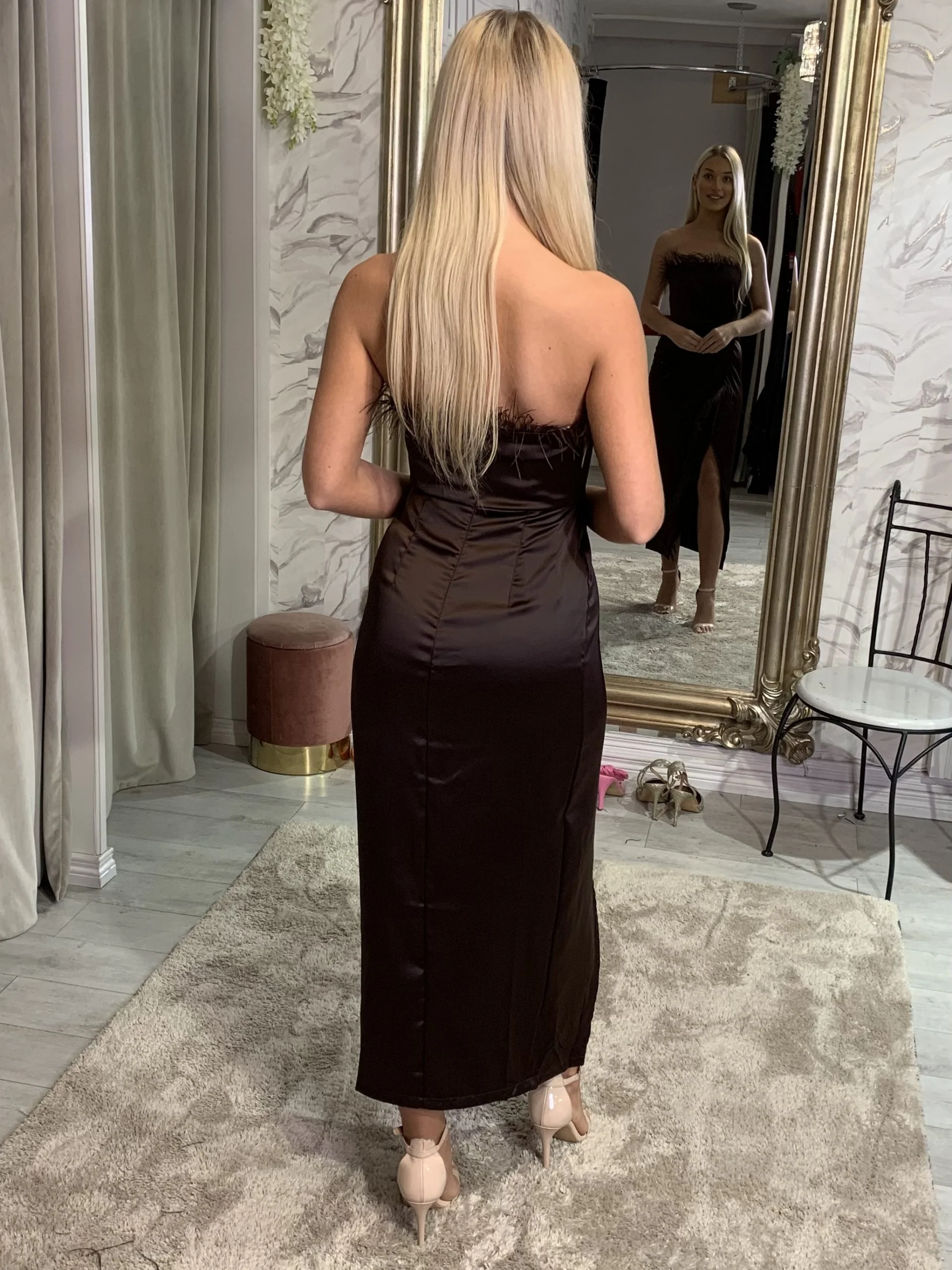 Chocolate Strapless Dress With Feather Detail - Image 3