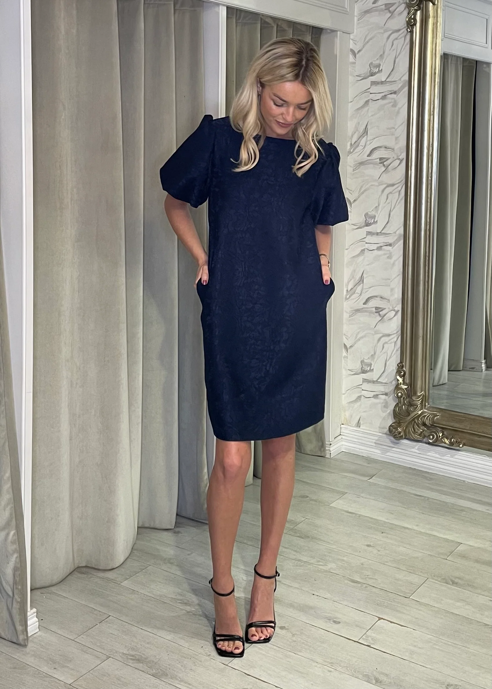 “Darla” Dress In Navy Jacquard - Image 3