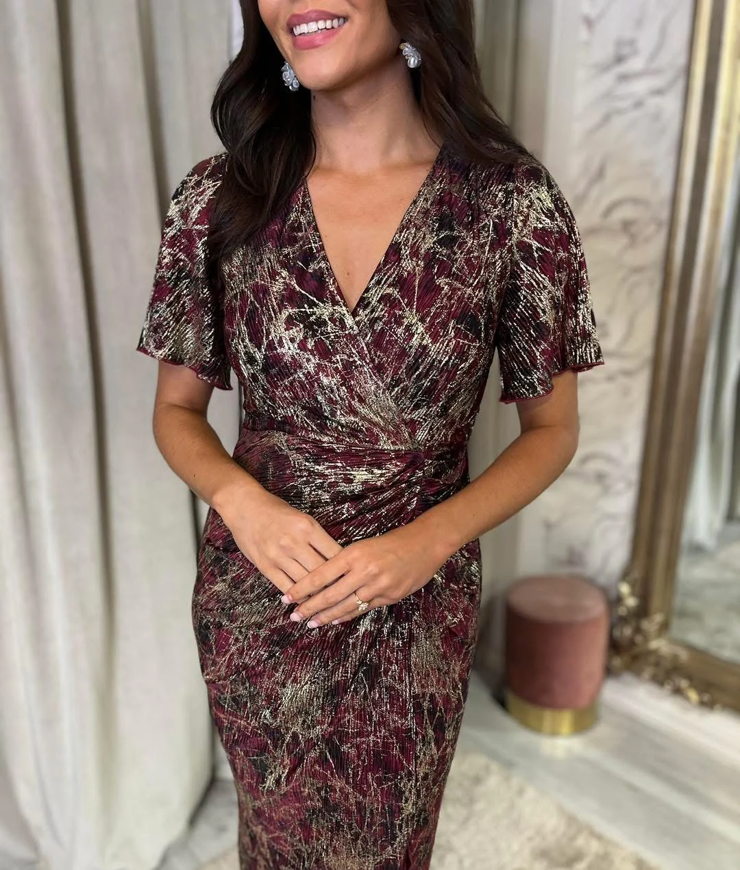 “Evie” Dress In Wine & Gold - Image 2