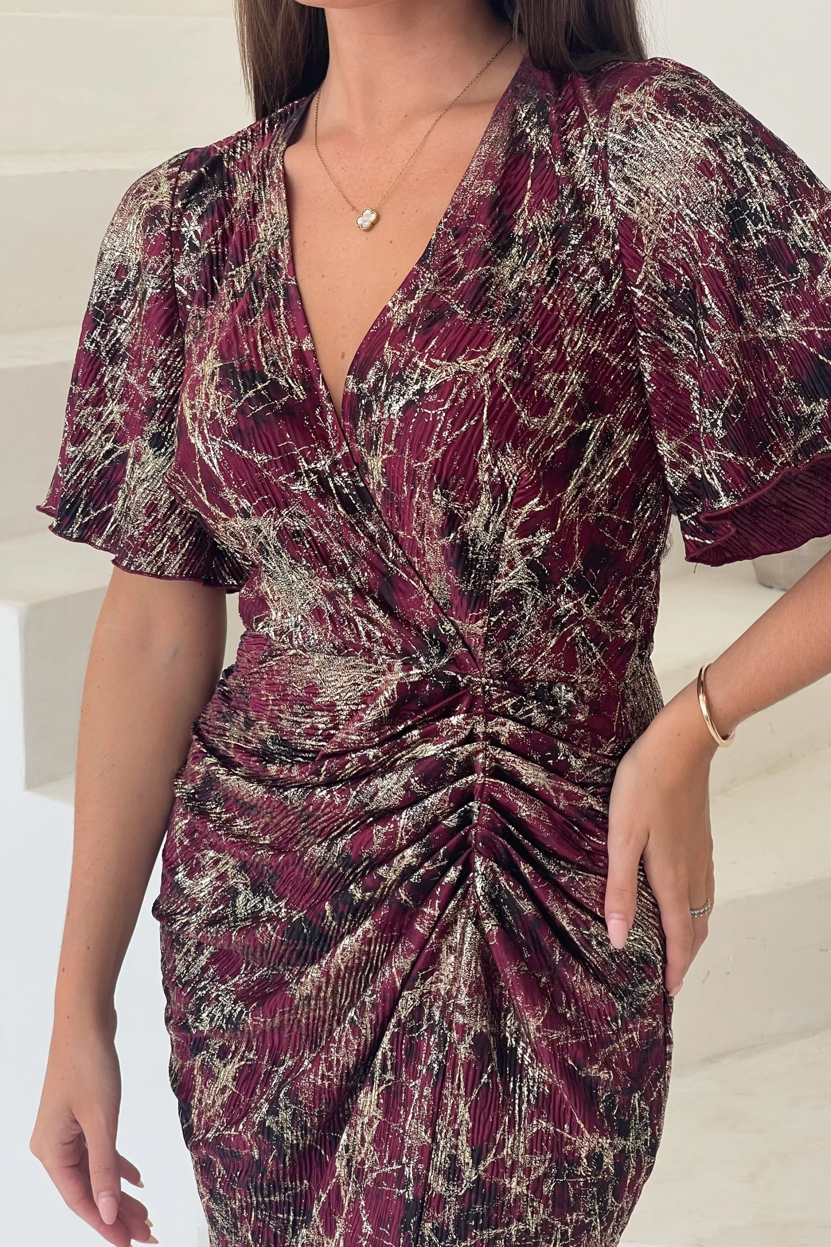 “Evie” Dress In Wine & Gold - Image 5
