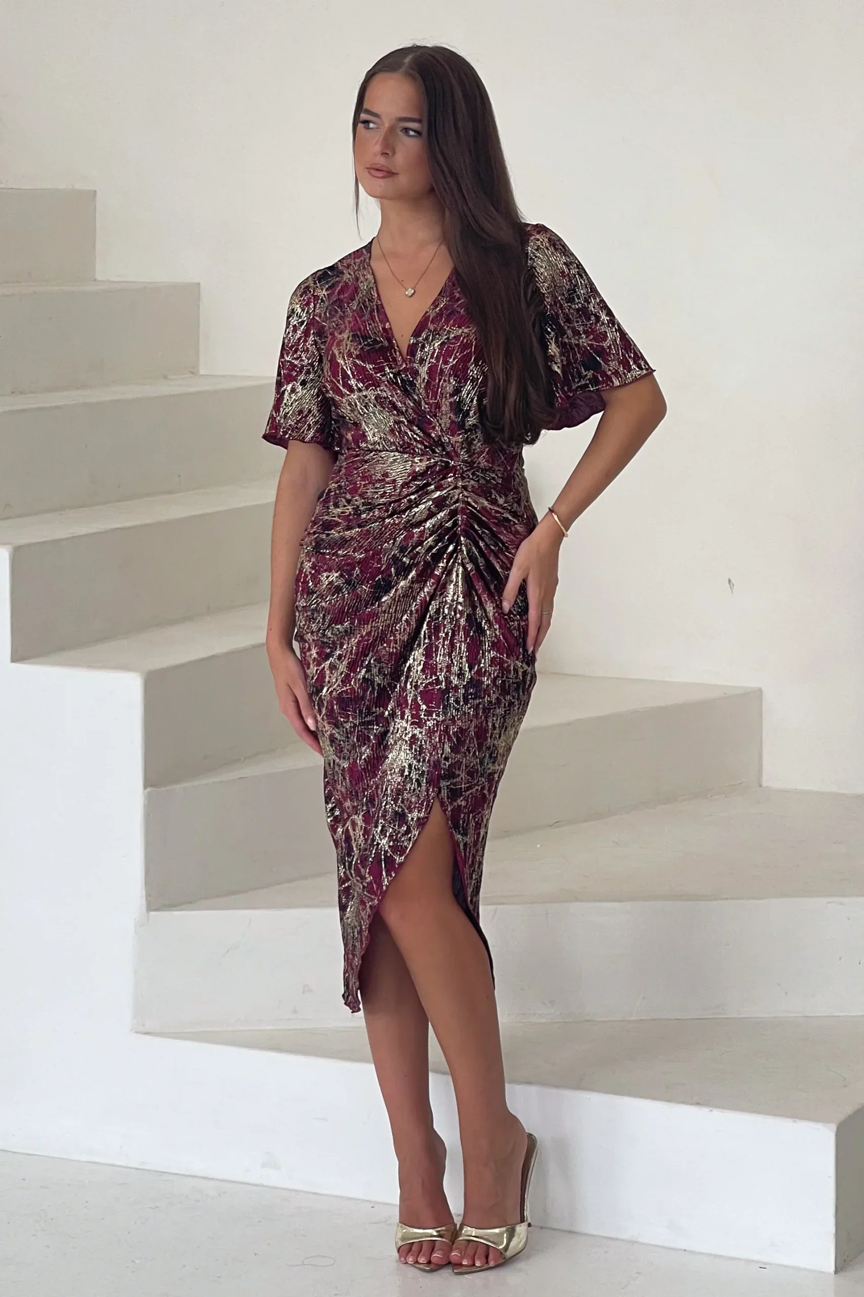 “Evie” Dress In Wine & Gold - Image 8