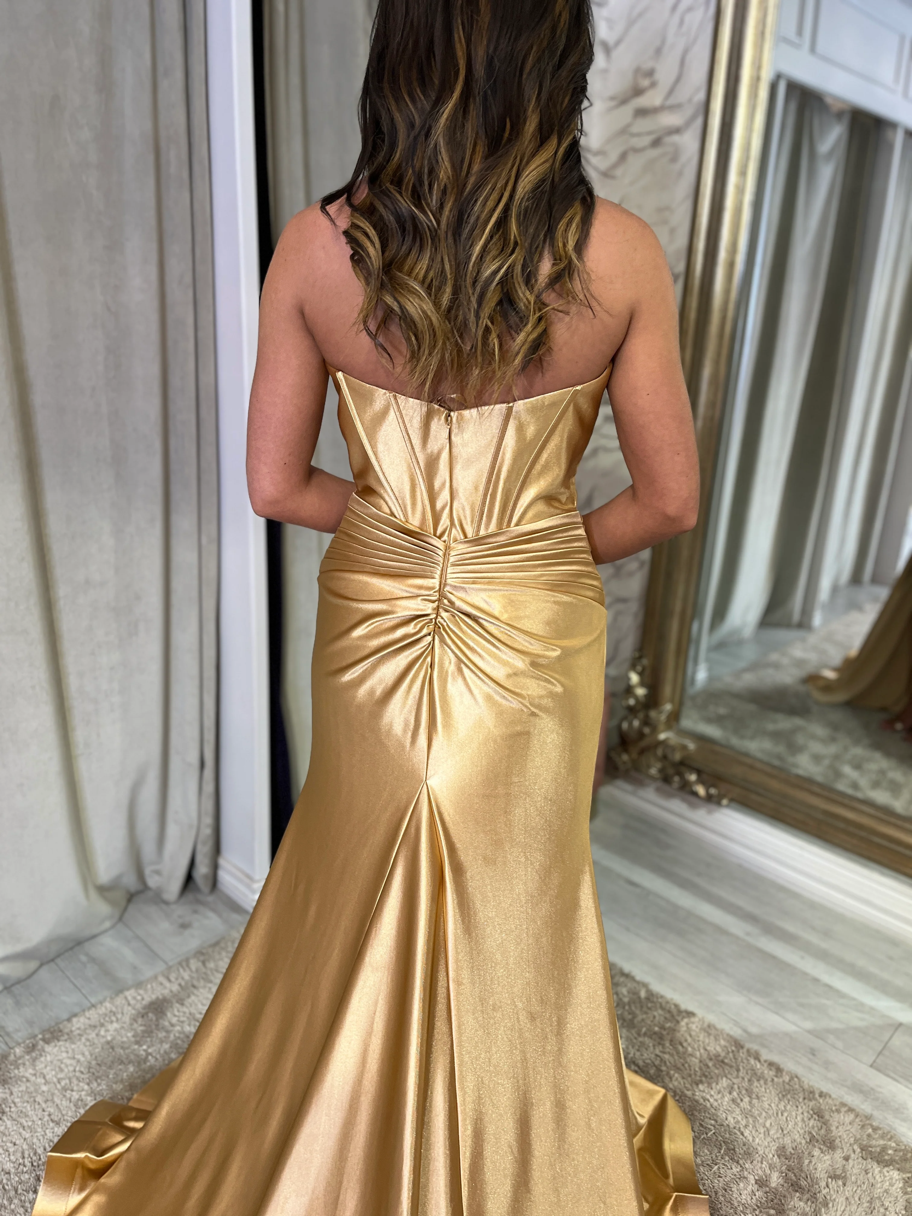 Gold Strapless Prom Dress With Corset Top - Image 3