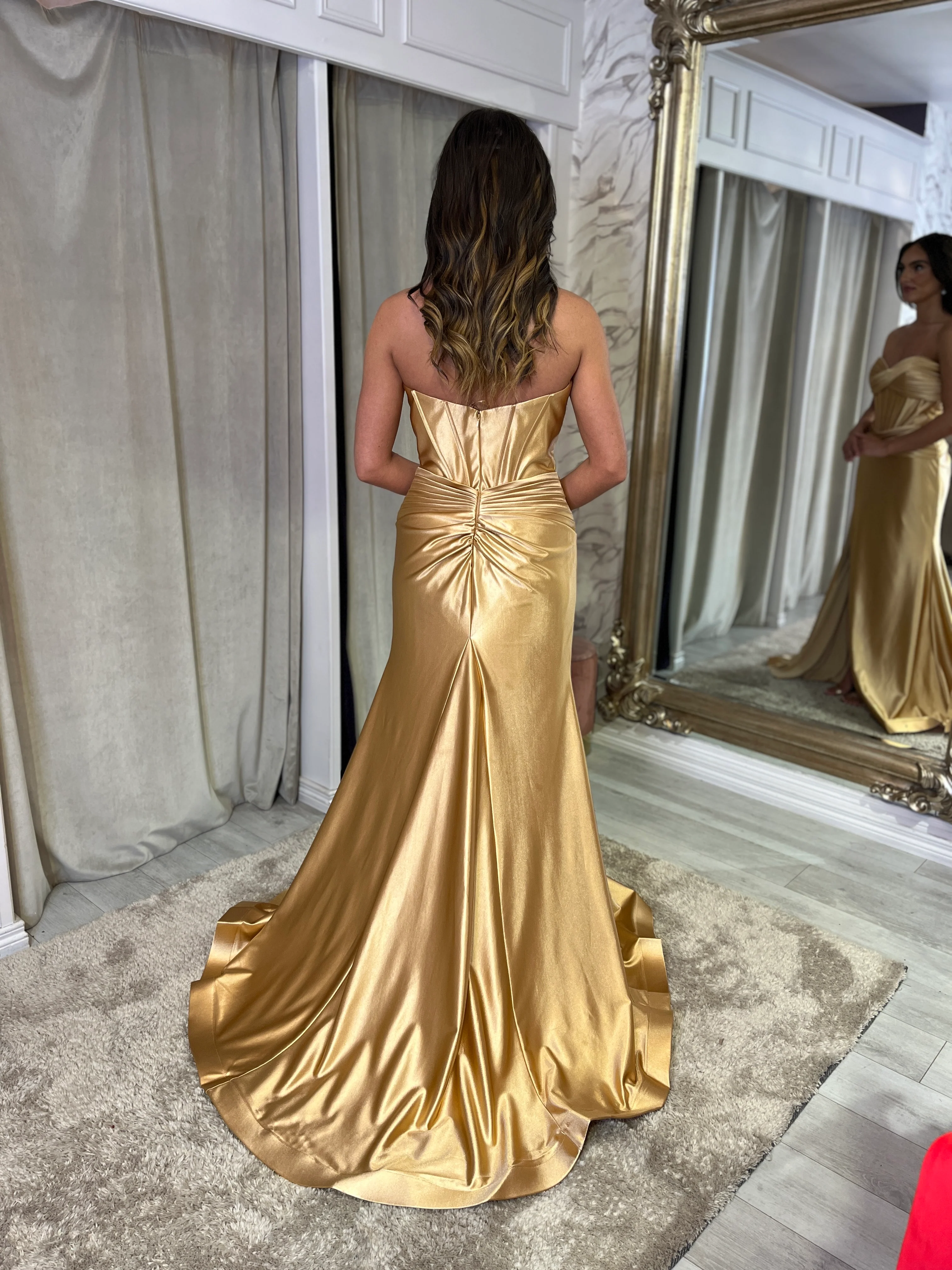 Gold Strapless Prom Dress With Corset Top - Image 4