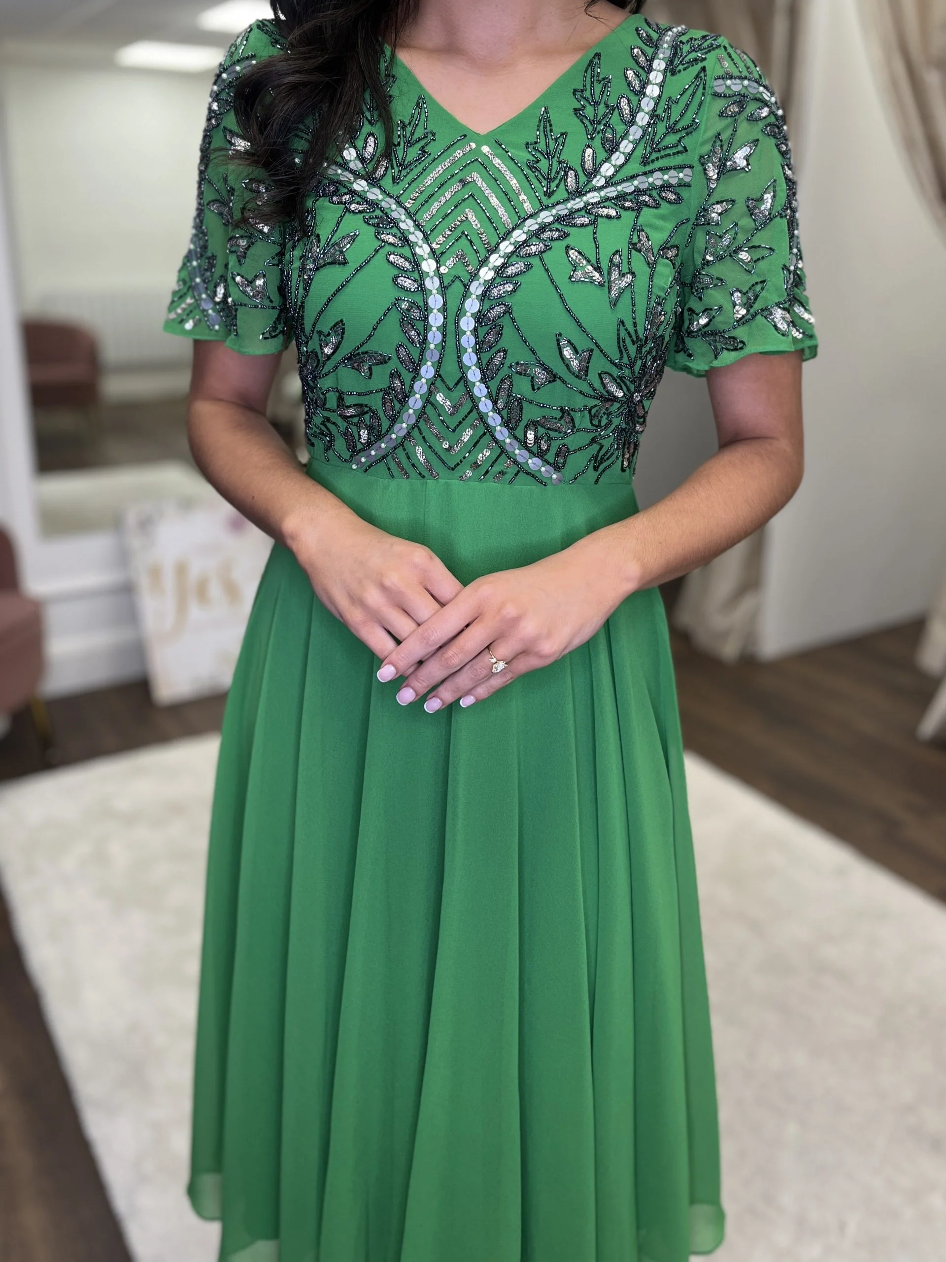 Green A-Line Embellished Top Dress - Image 2