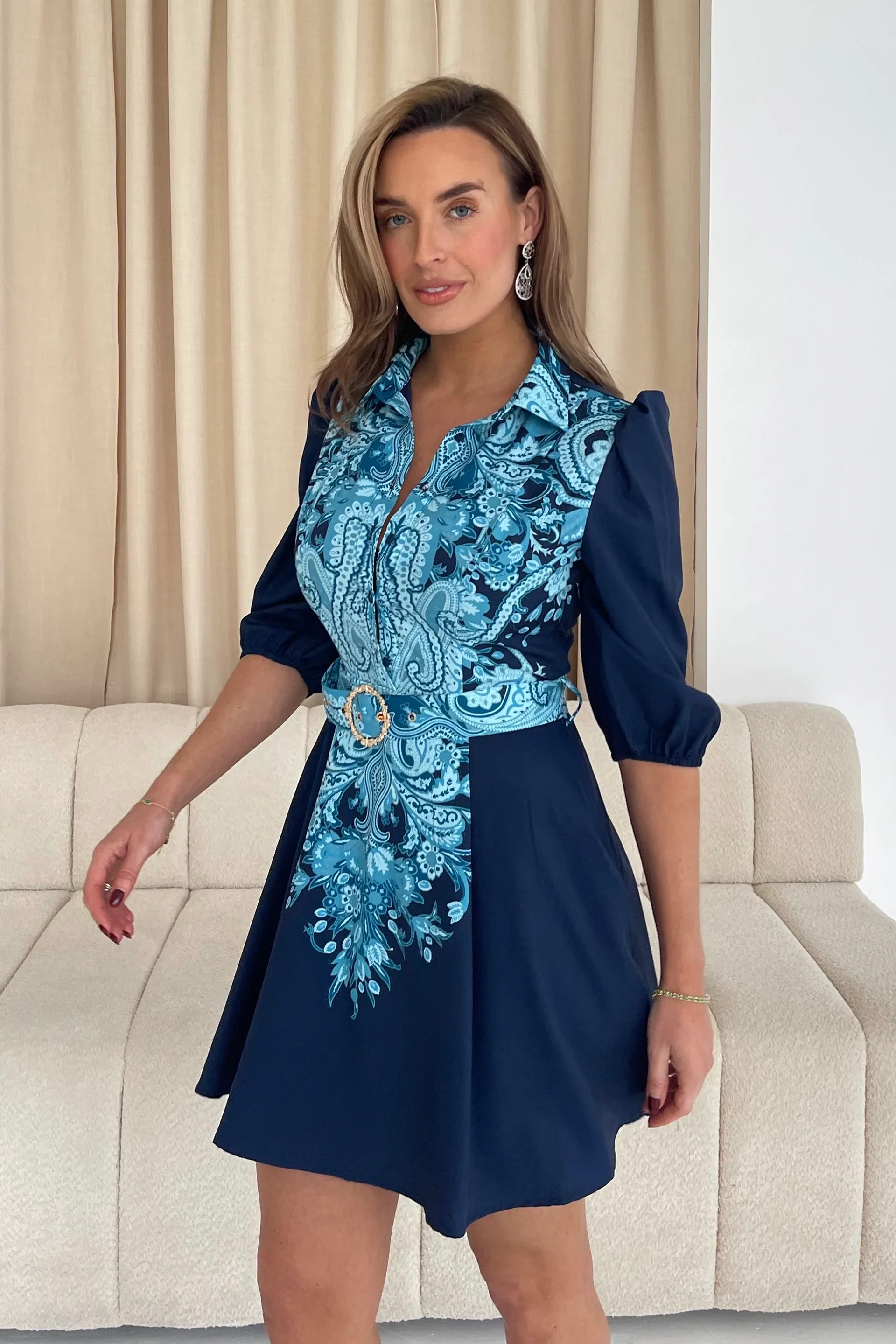 “Holland” Mini Dress In Navy Paisley Print - Image 6