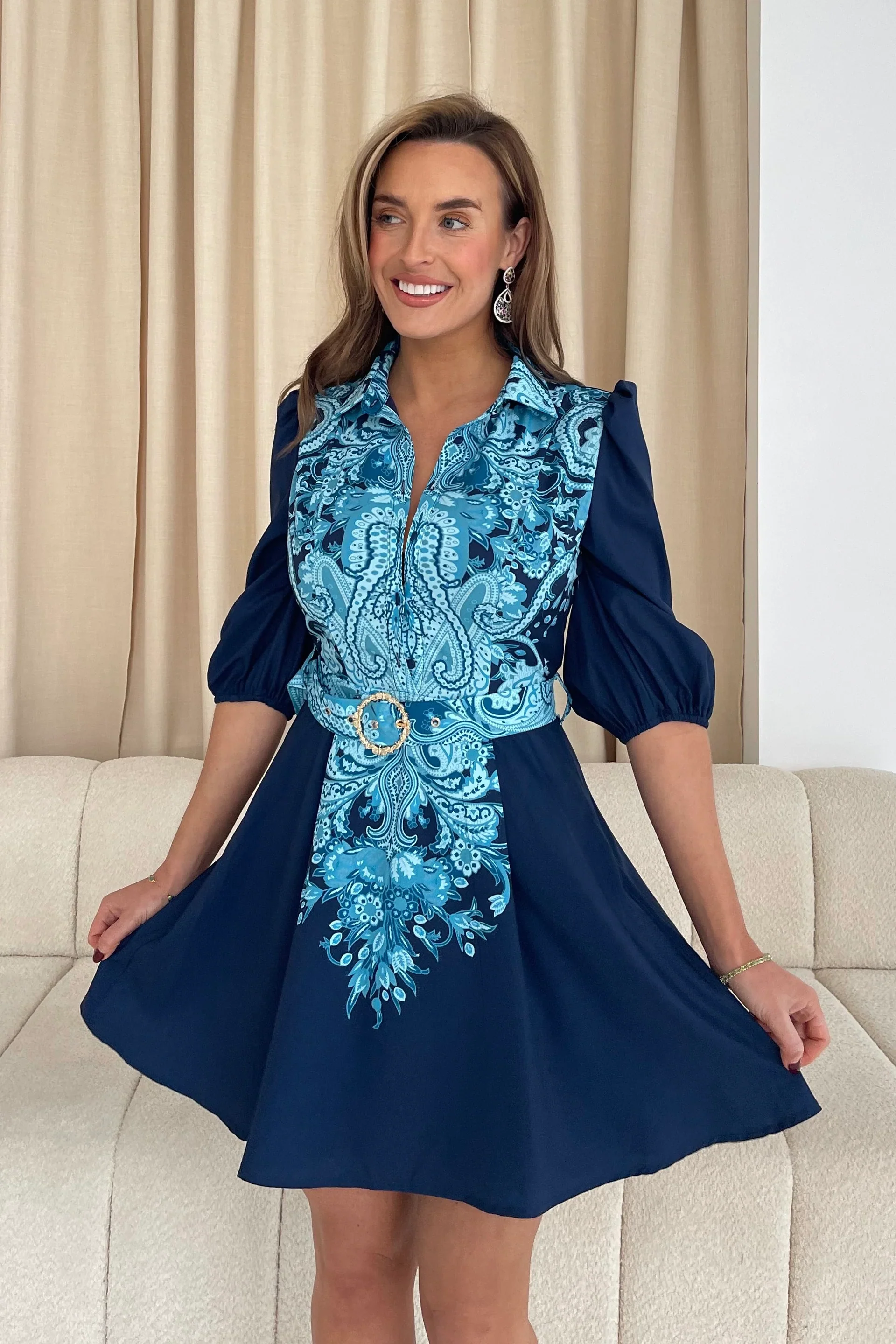 “Holland” Mini Dress In Navy Paisley Print - Image 7