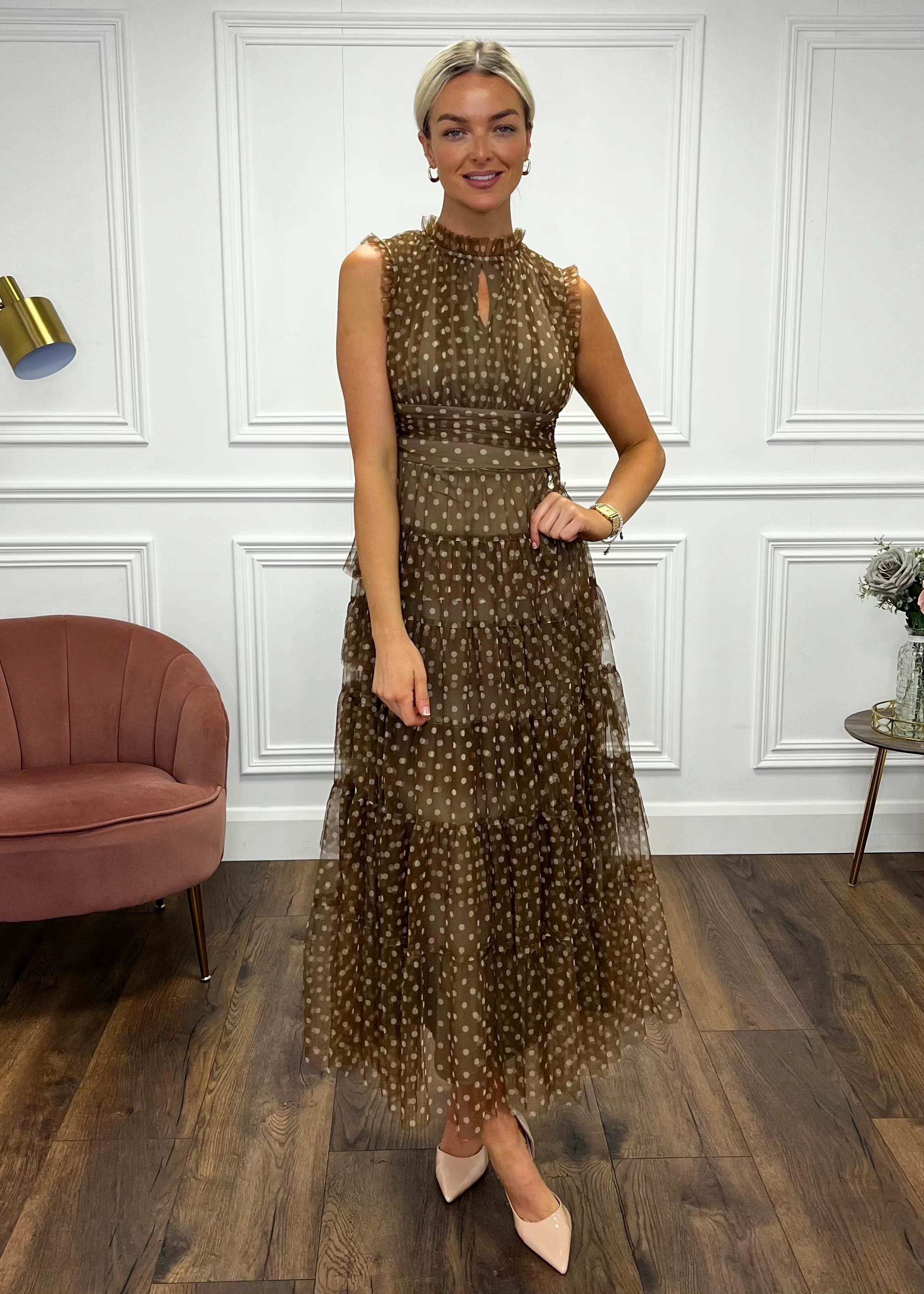 “Jillian” Dress In Tan Polka Dot - Image 4