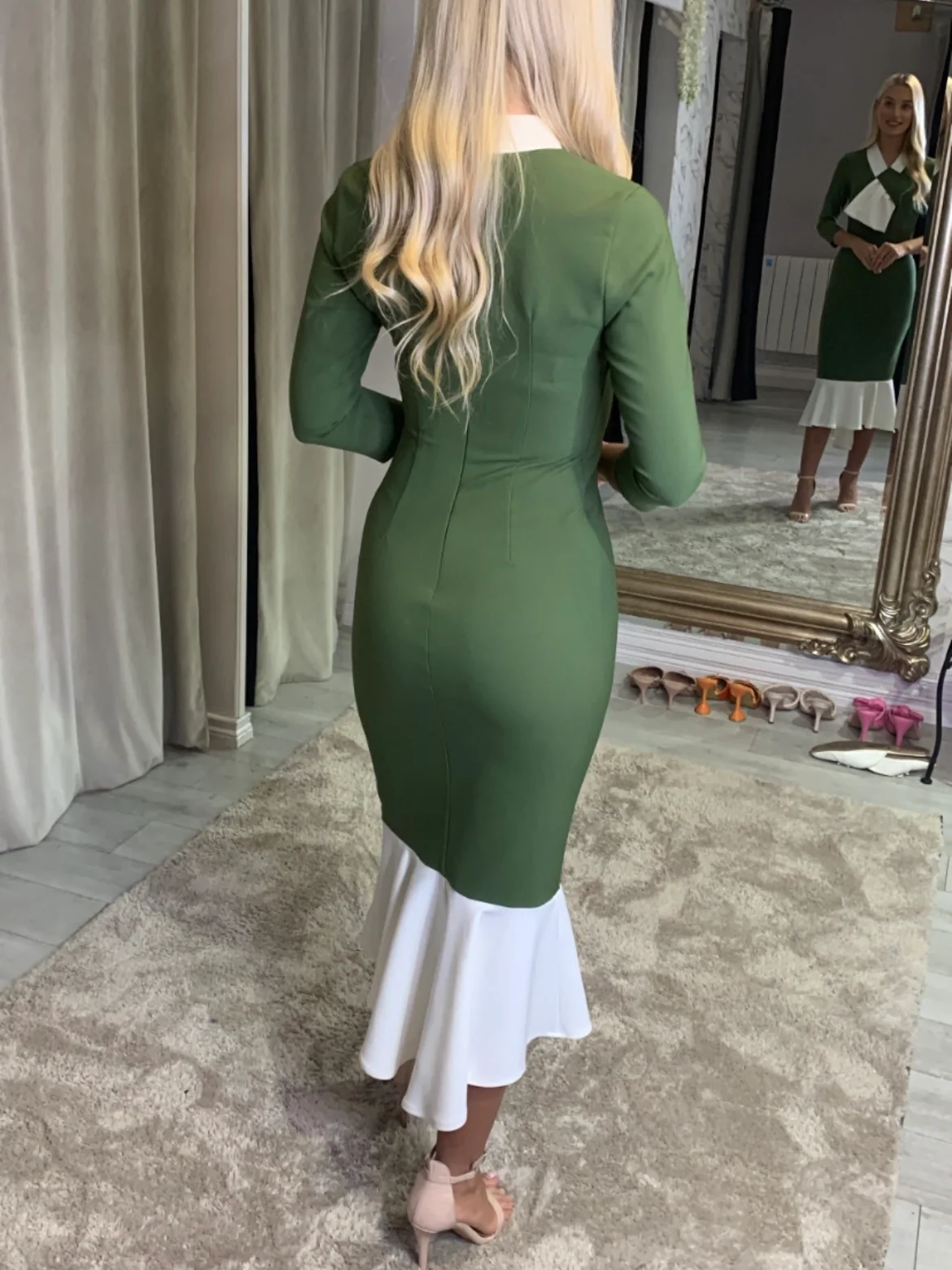 Khaki And Cream Fitted Dress With Ruffle Hem - Image 2