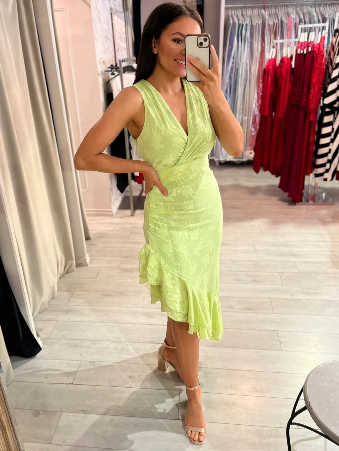 Lime Green Self Pattern Dress - Image 4