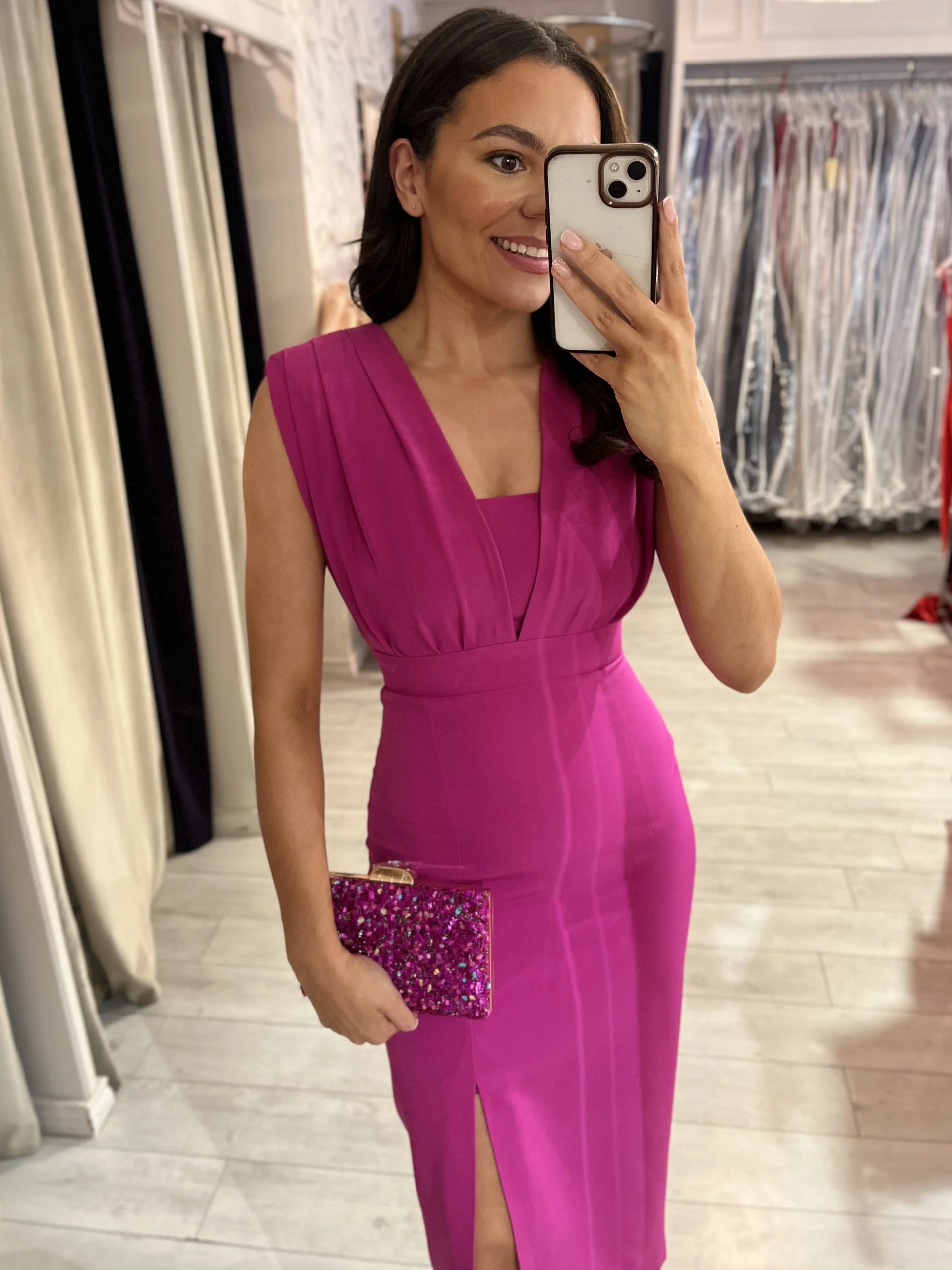 Magenta Fitted Dress With Side Split - Image 2