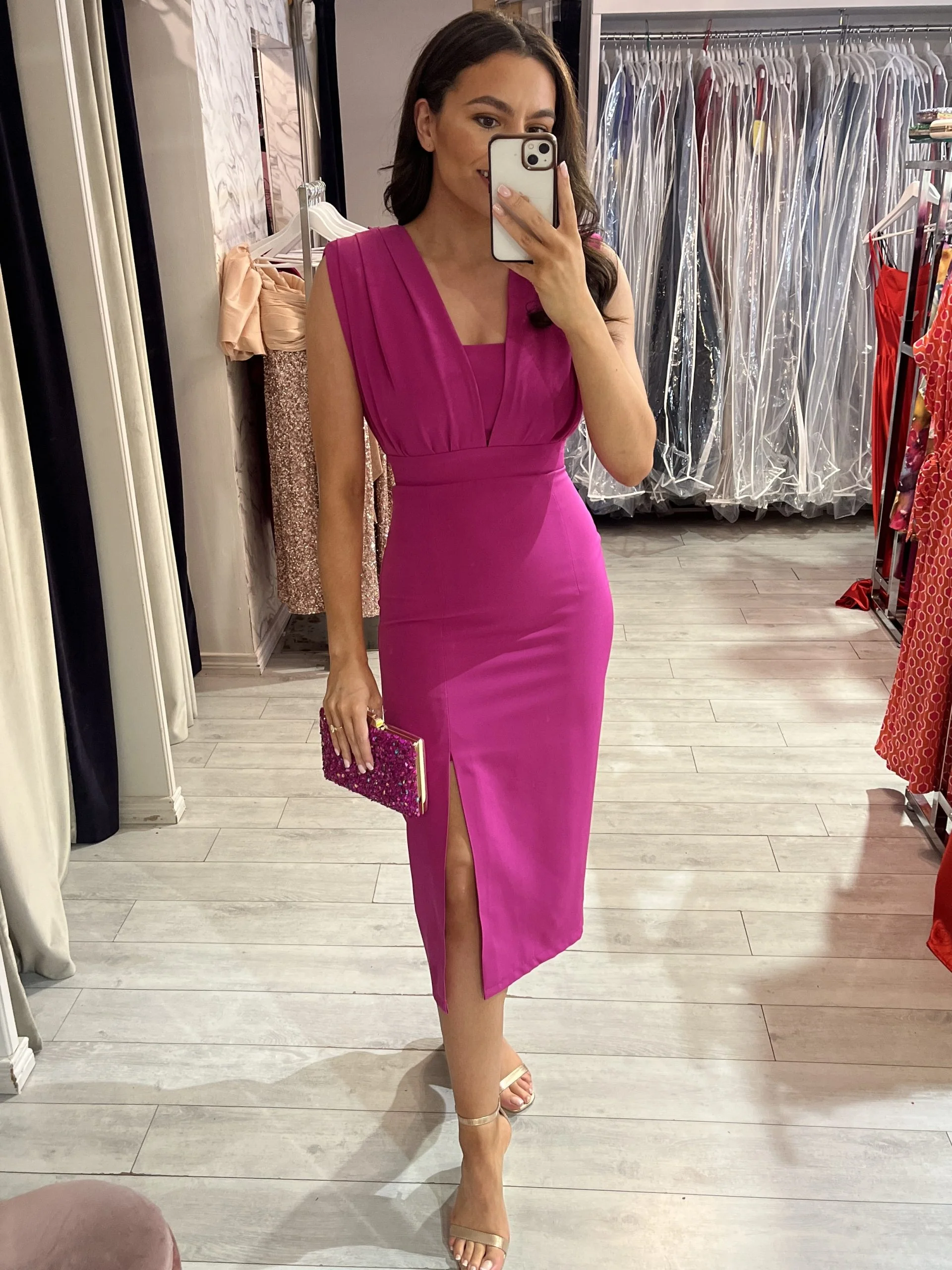 Magenta Fitted Dress With Side Split - Image 3