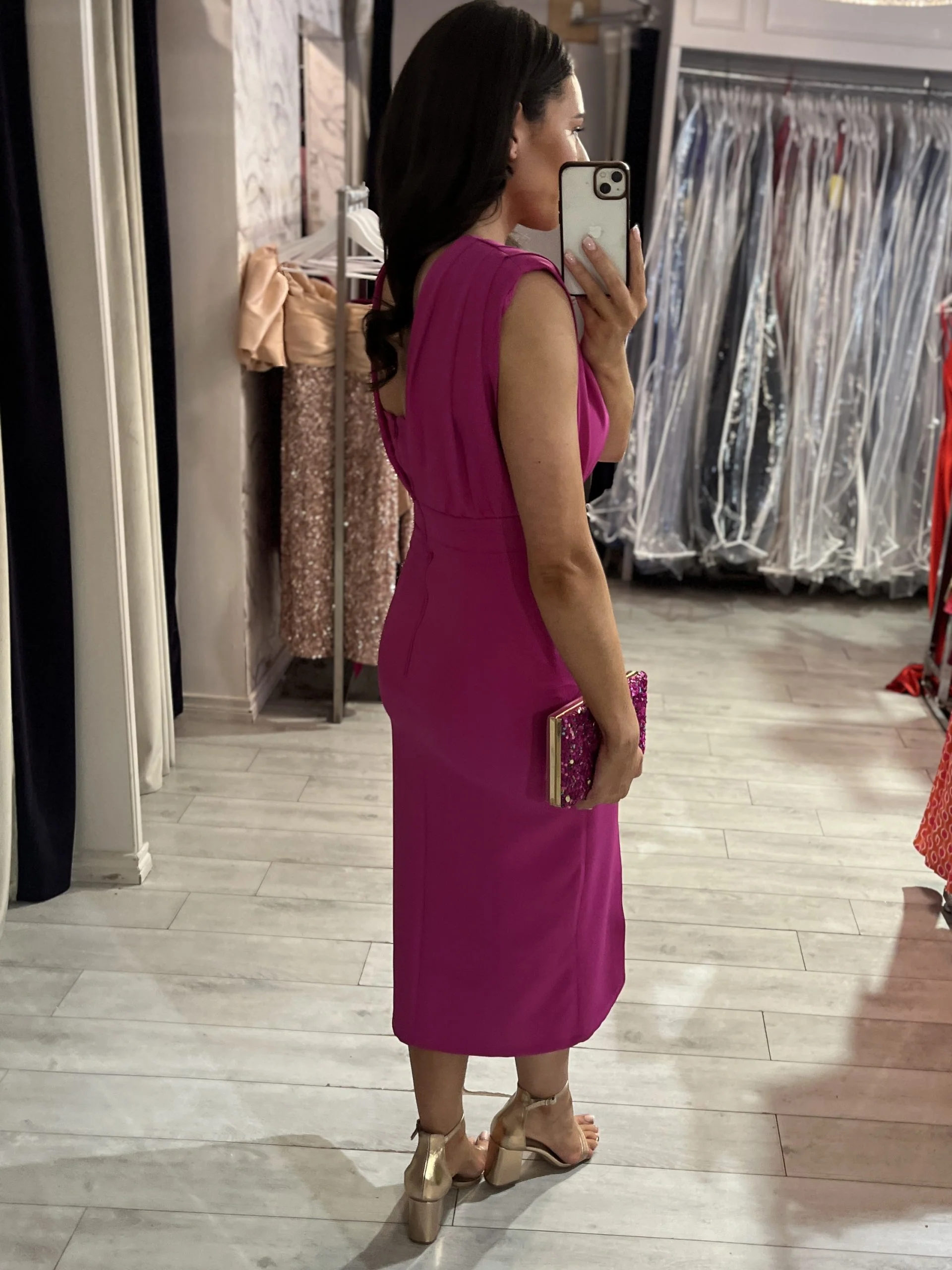Magenta Fitted Dress With Side Split - Image 4