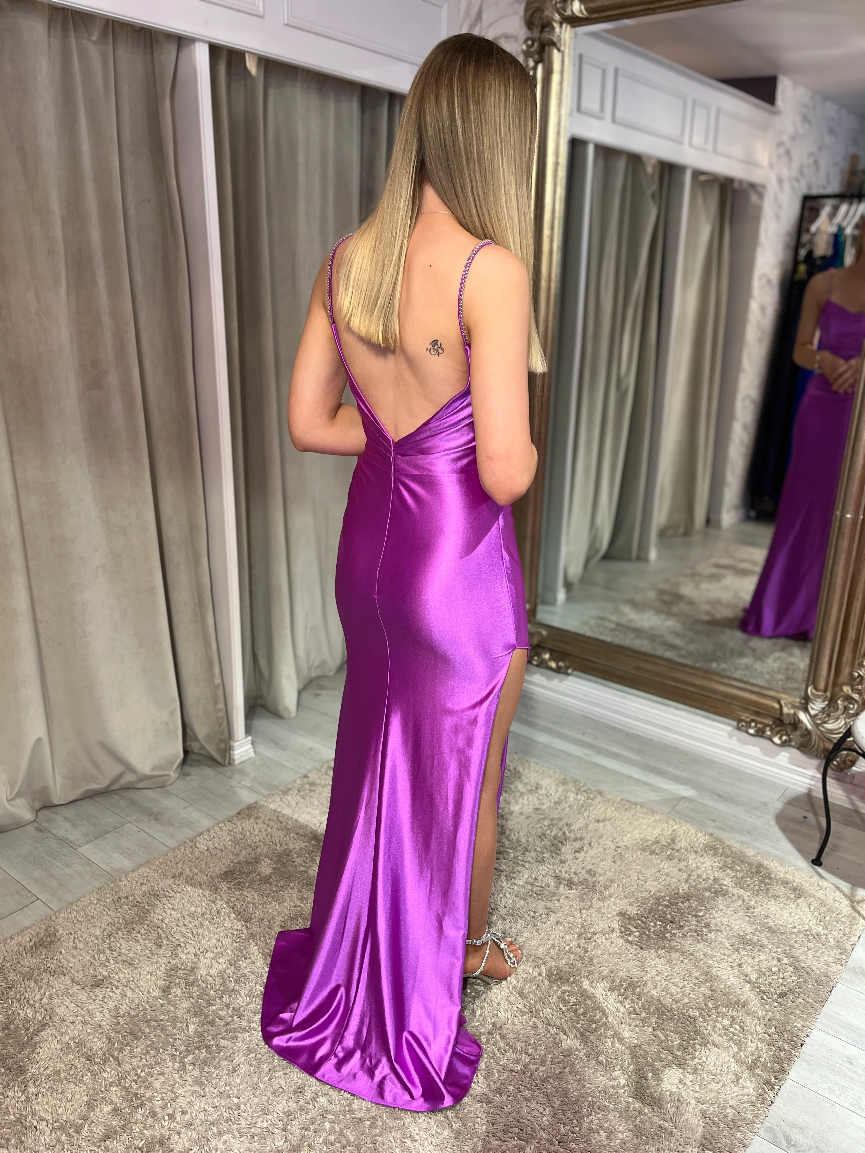 Magenta Satin Effect Fitted Dress With Diamonte Straps - Image 5