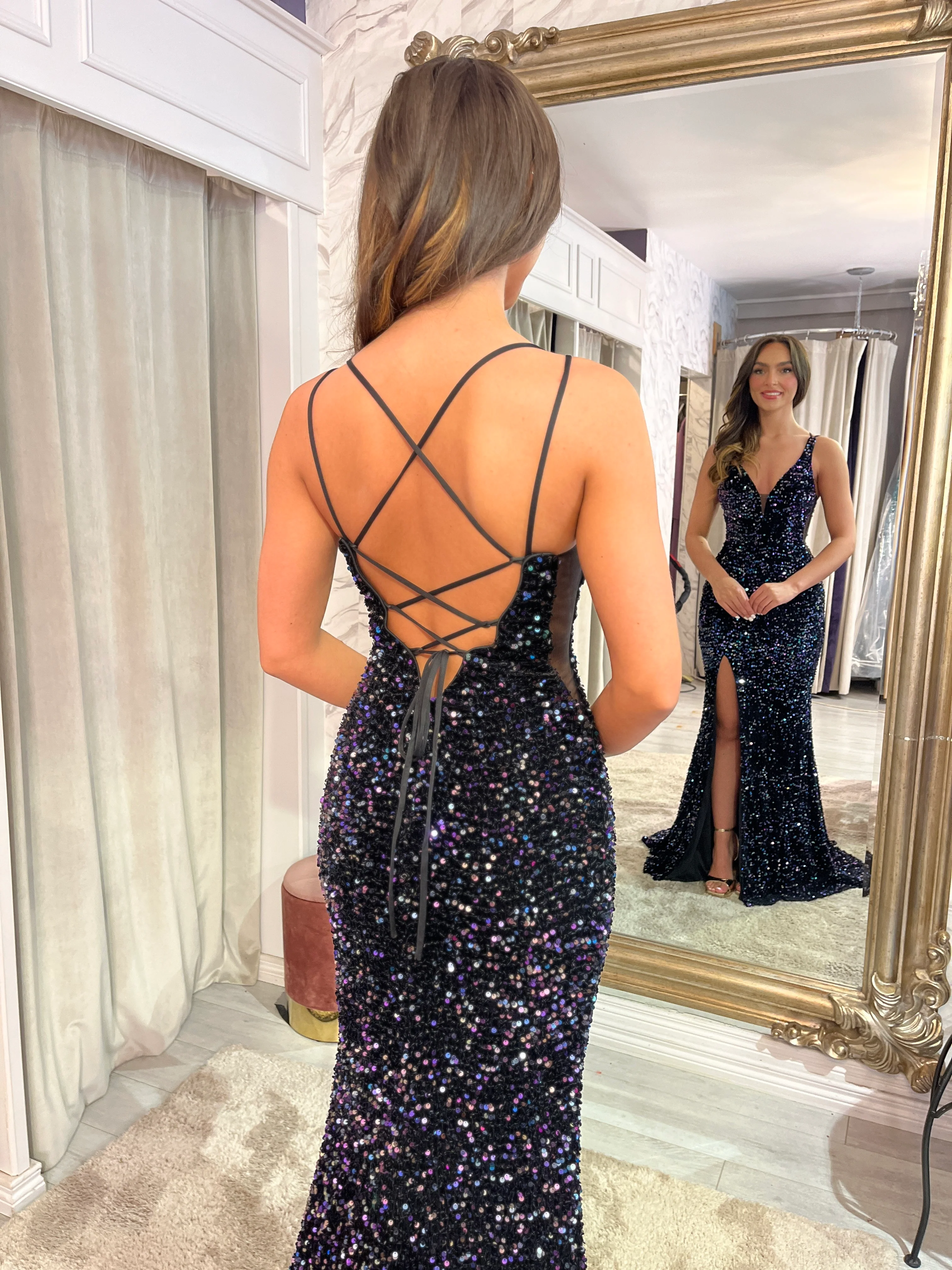 Multi Colour Sequin Fitted Prom Dress - Image 3