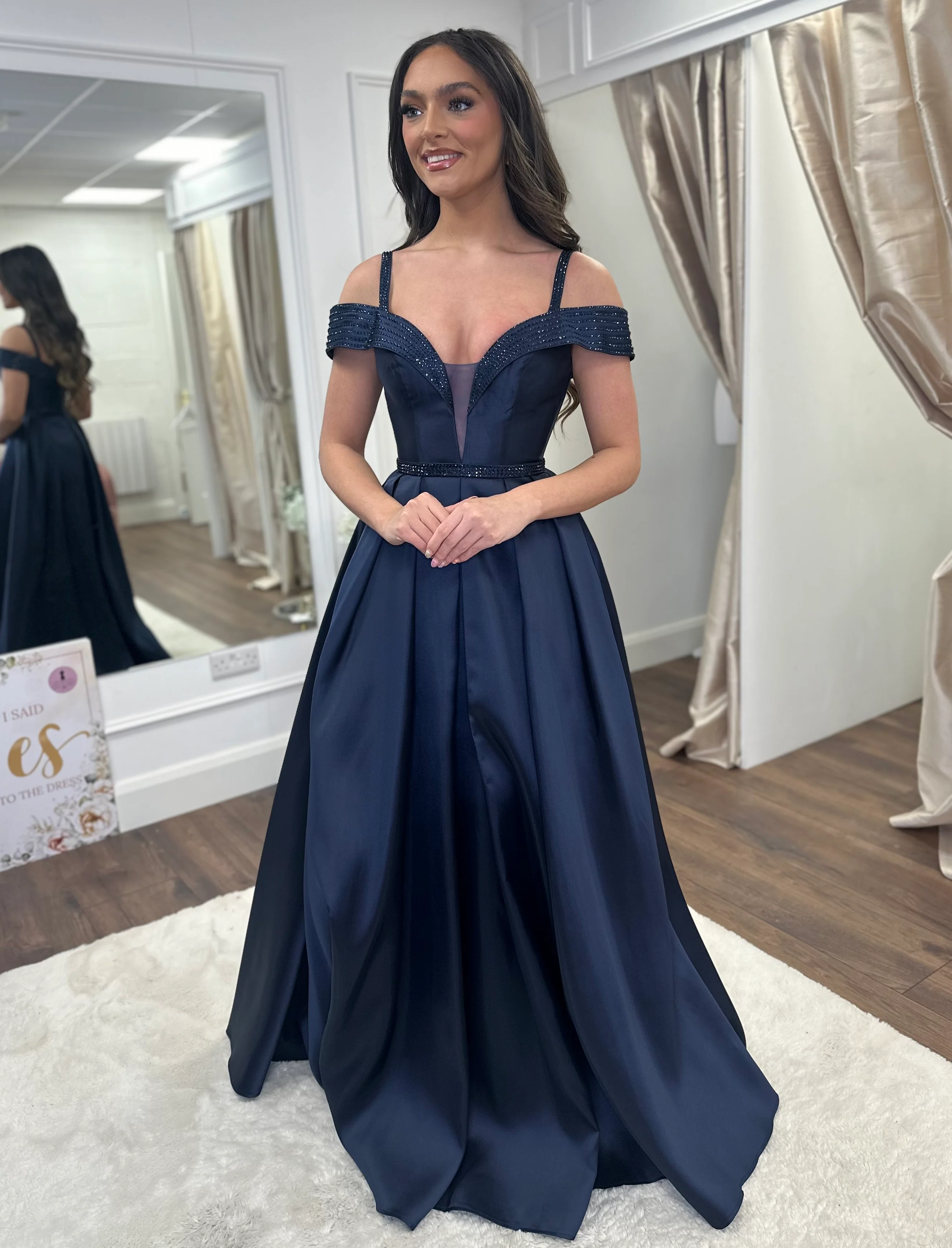 Navy Satin Effect Bardout Ballgown - Image 3