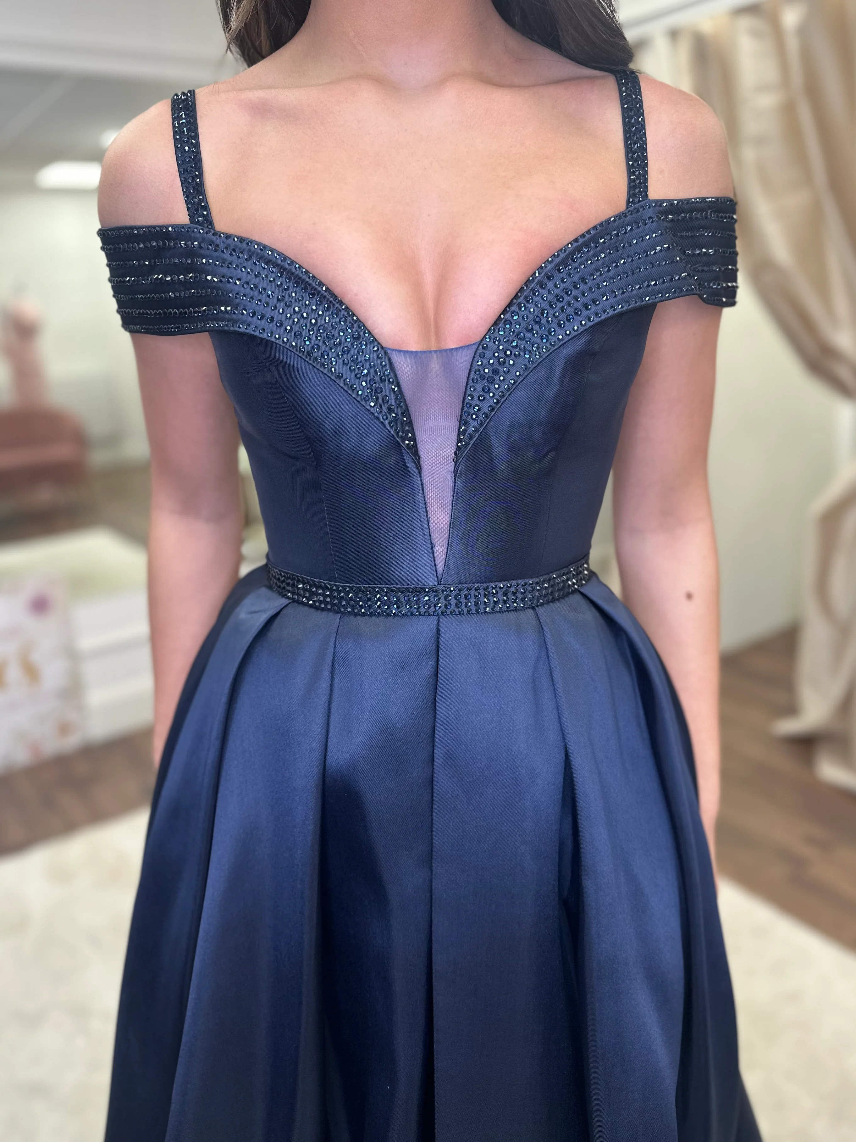 Navy Satin Effect Bardout Ballgown - Image 4