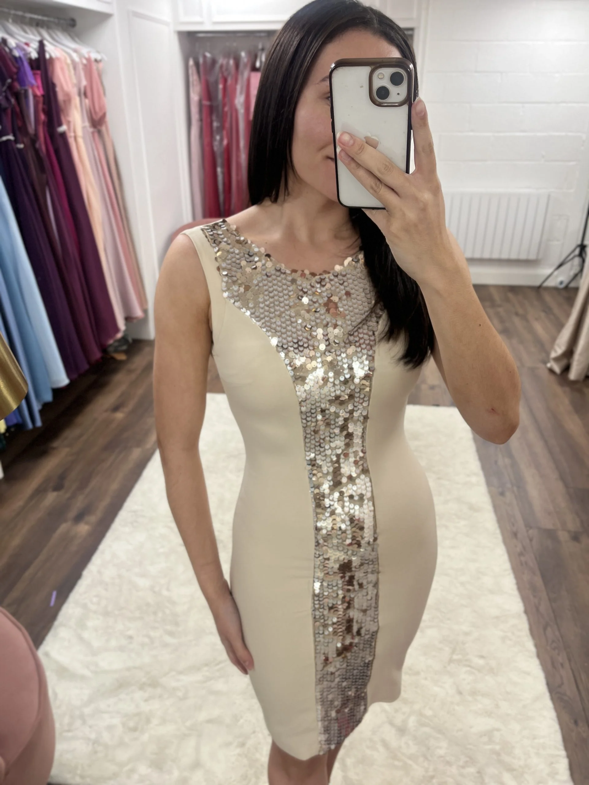 Nude Fitted Dress With Sequin Detail - Image 2