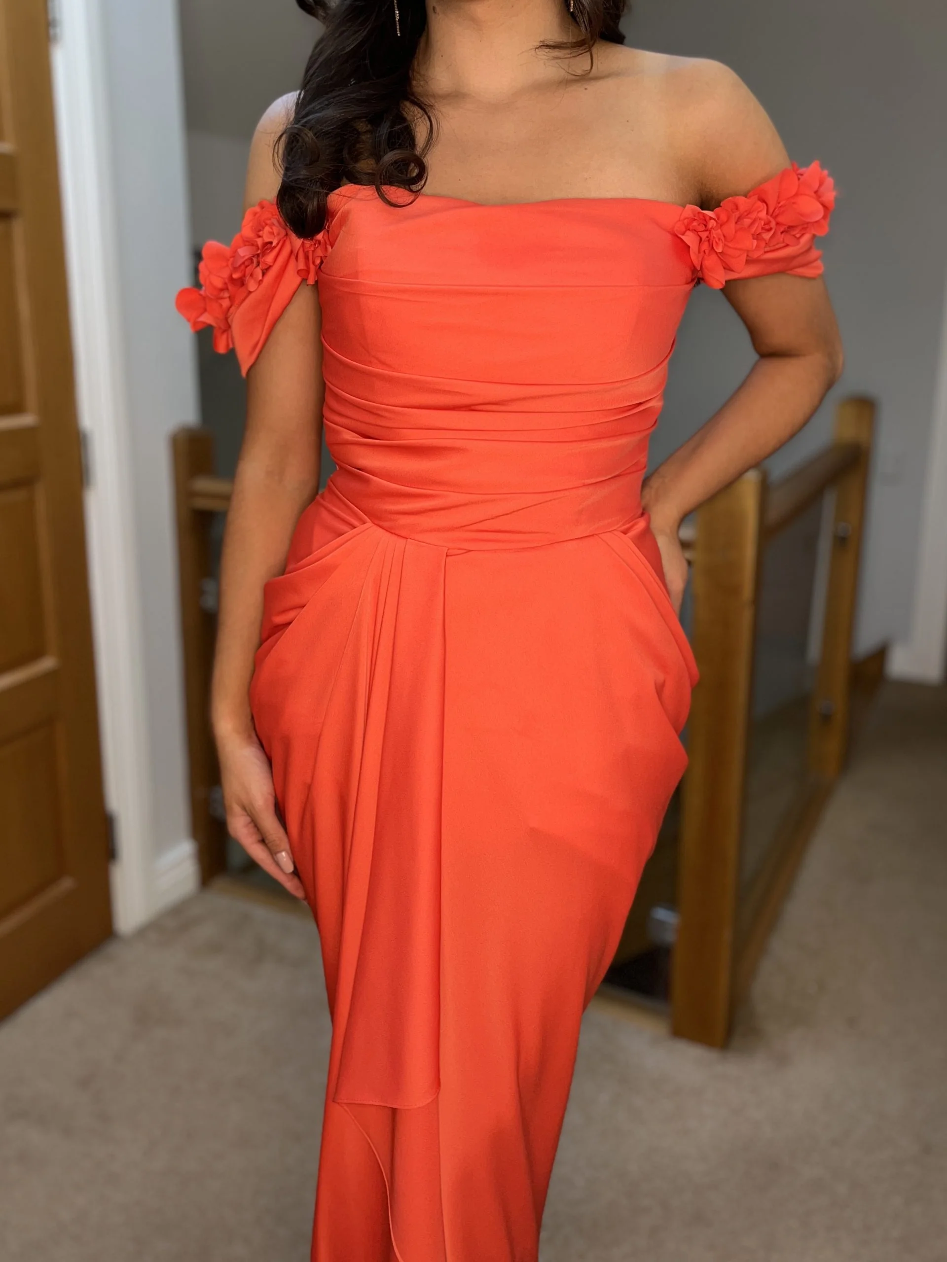 Orange Off The Shoulder Maxi Dress With Ruching - Image 3