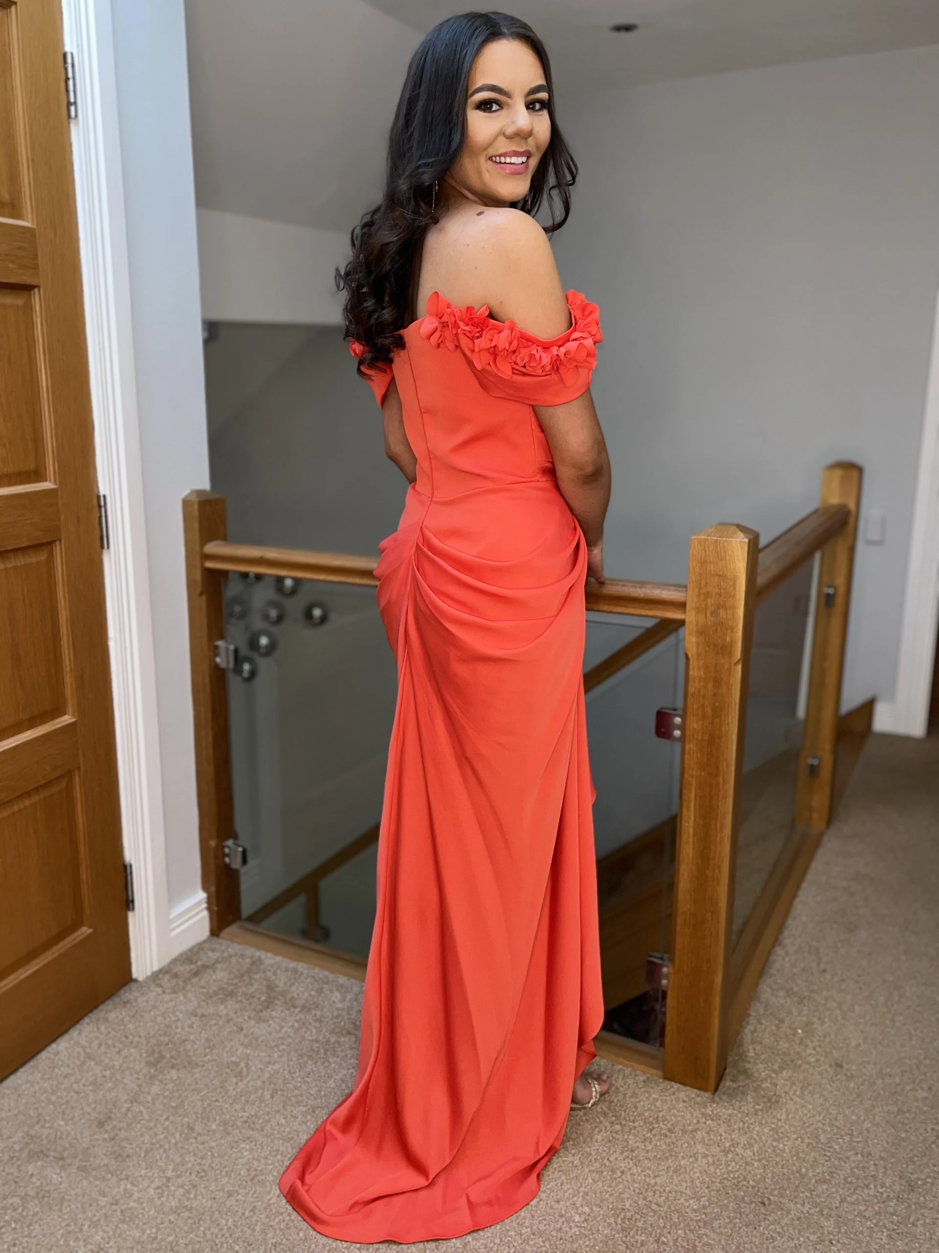 Orange Off The Shoulder Maxi Dress With Ruching - Image 4