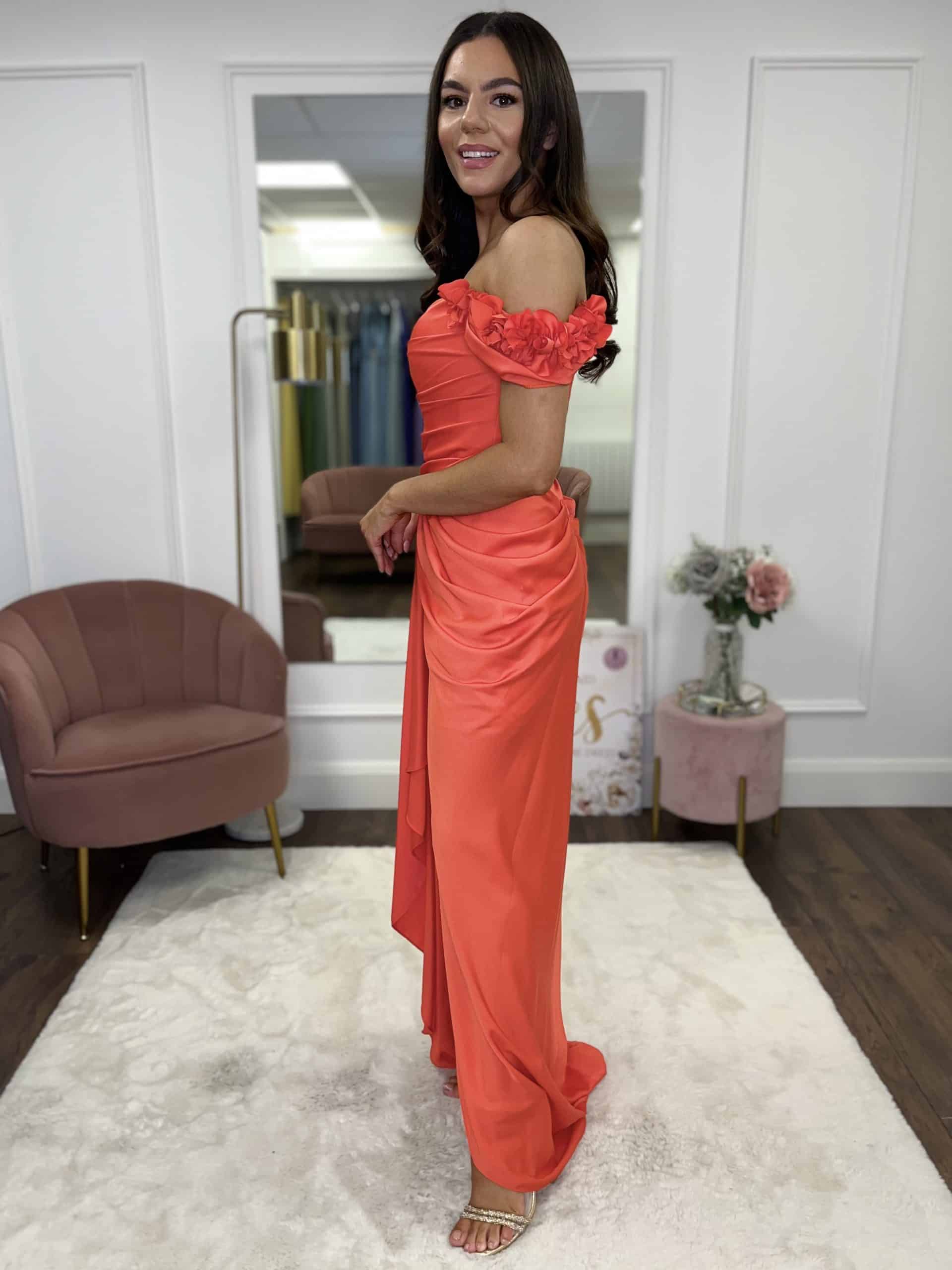 Orange Off The Shoulder Maxi Dress With Ruching - Image 7