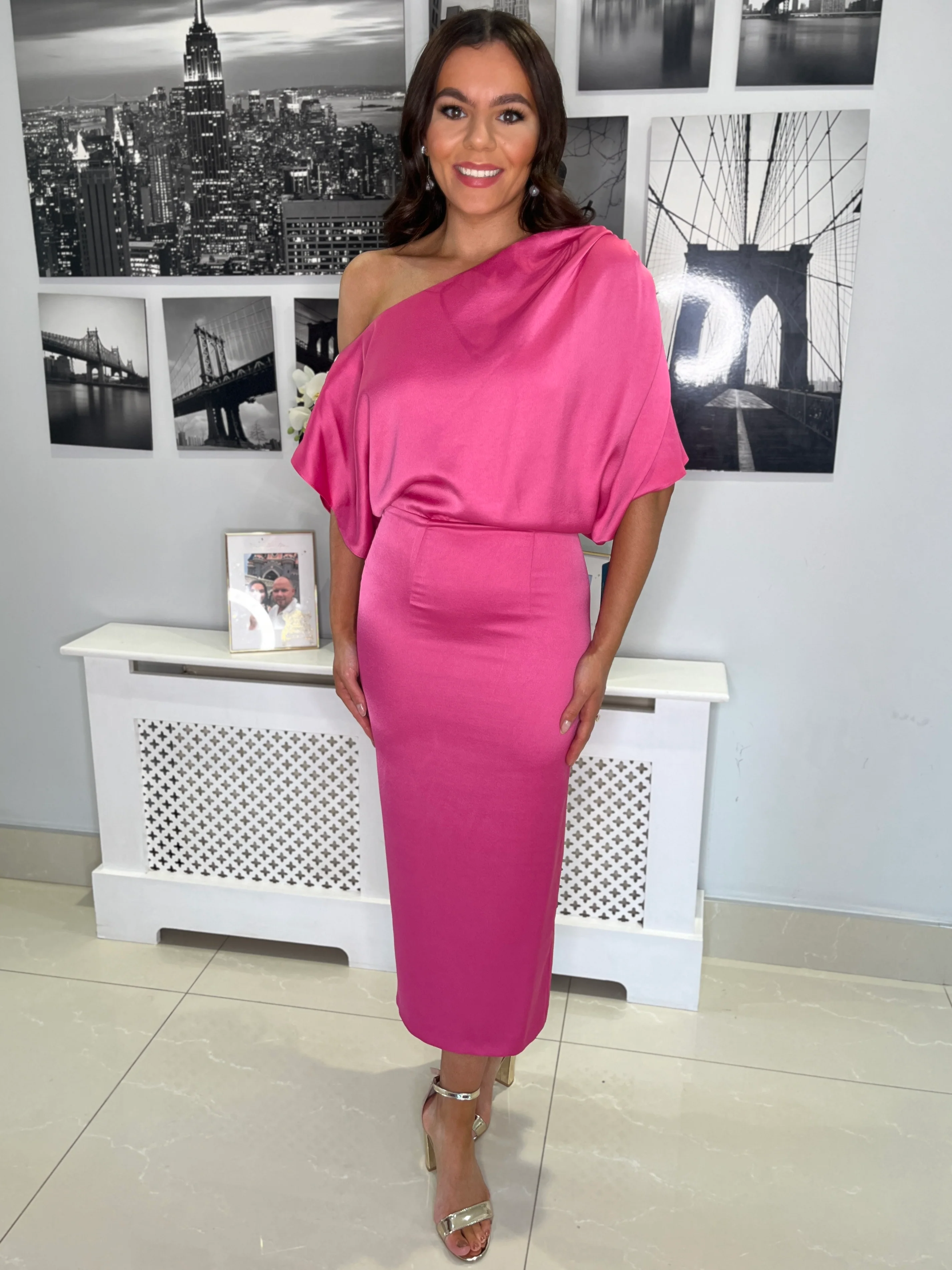 Pink Satin Fitted Dress With Off The Shoulder Neckline - Image 3