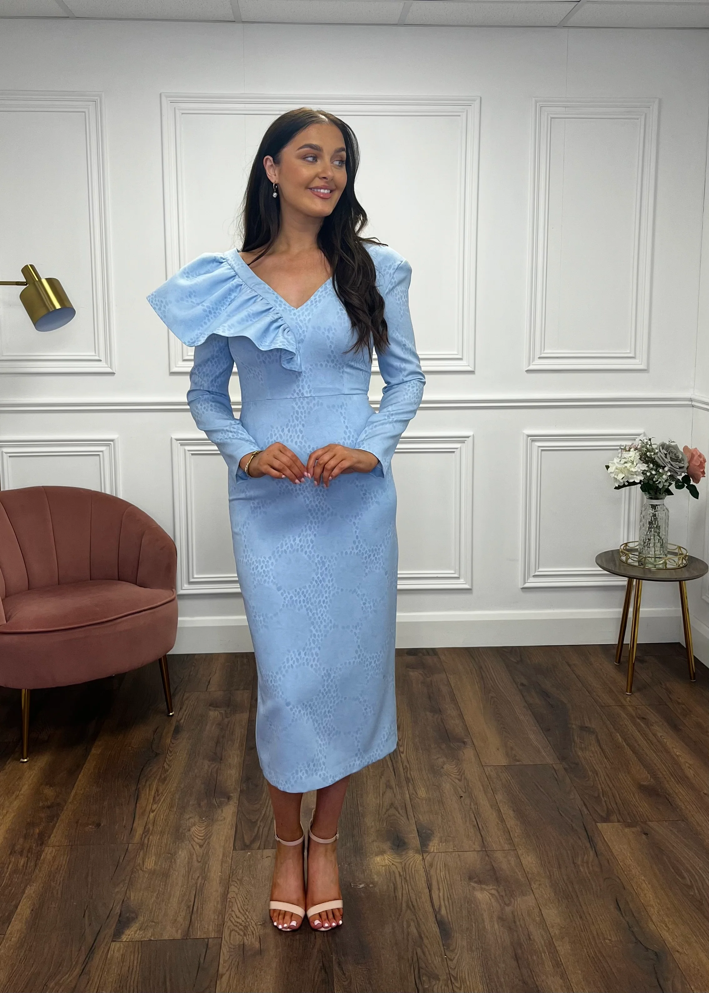 Powder Blue Fitted Dress With Full Length Sleeves - Image 4