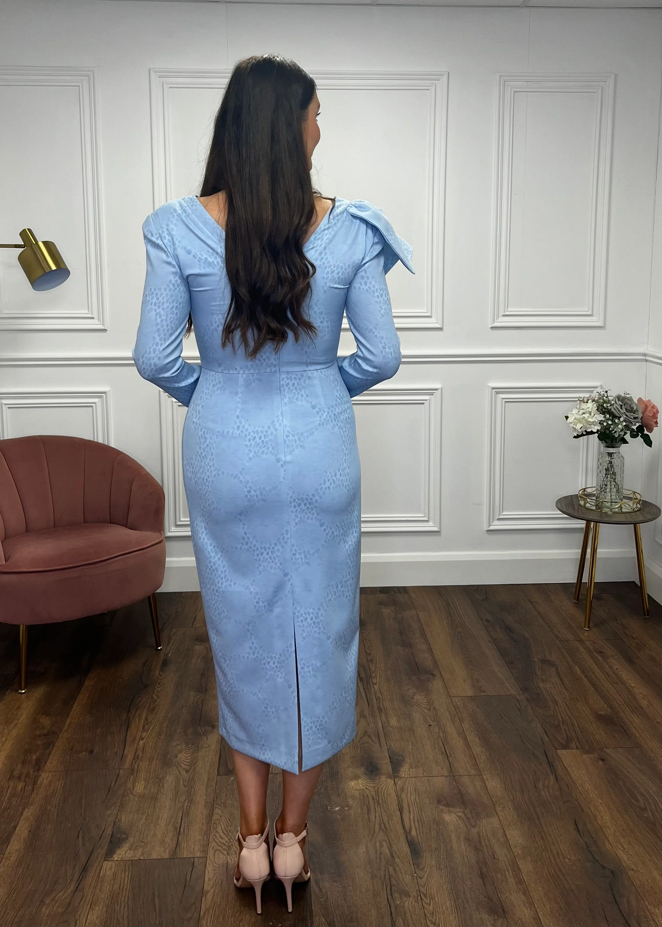 Powder Blue Fitted Dress With Full Length Sleeves - Image 5