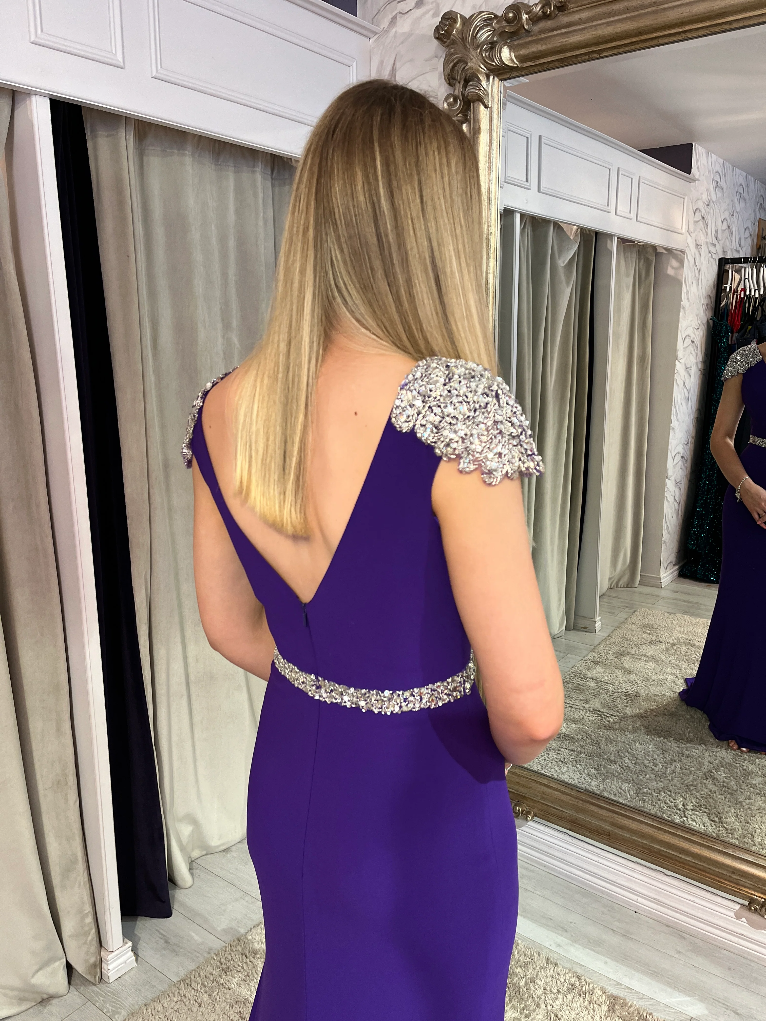 Purple Fitted Prom Dress With Embellished Shoulders And Waistband - Image 4