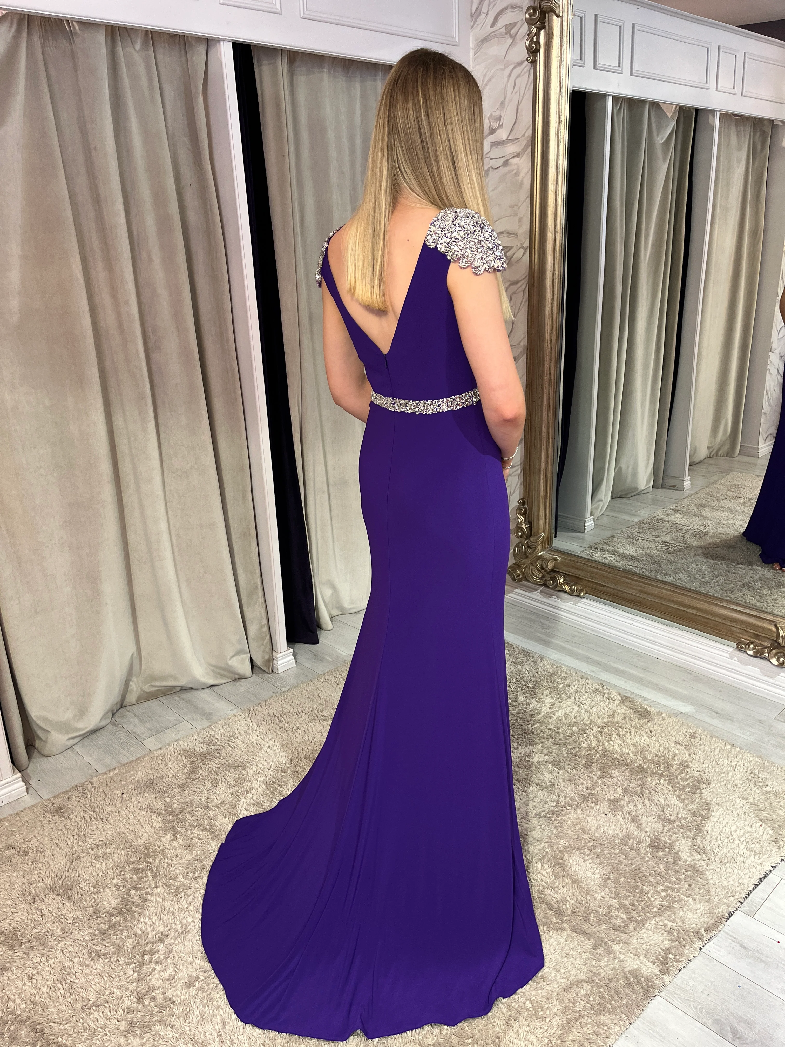 Purple Fitted Prom Dress With Embellished Shoulders And Waistband - Image 5