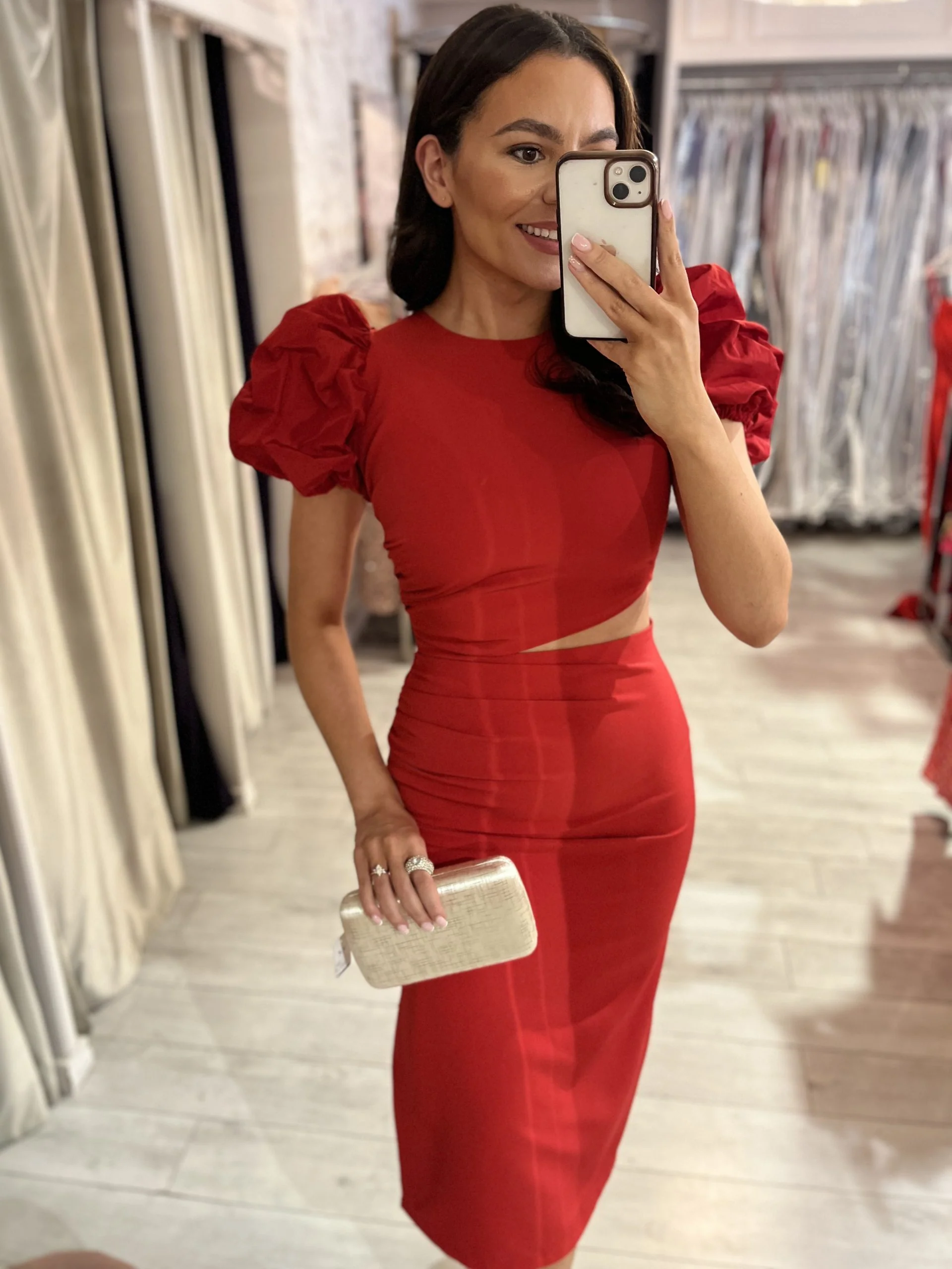 Red Puff Sleeve Dress With Side Cut Out - Image 2
